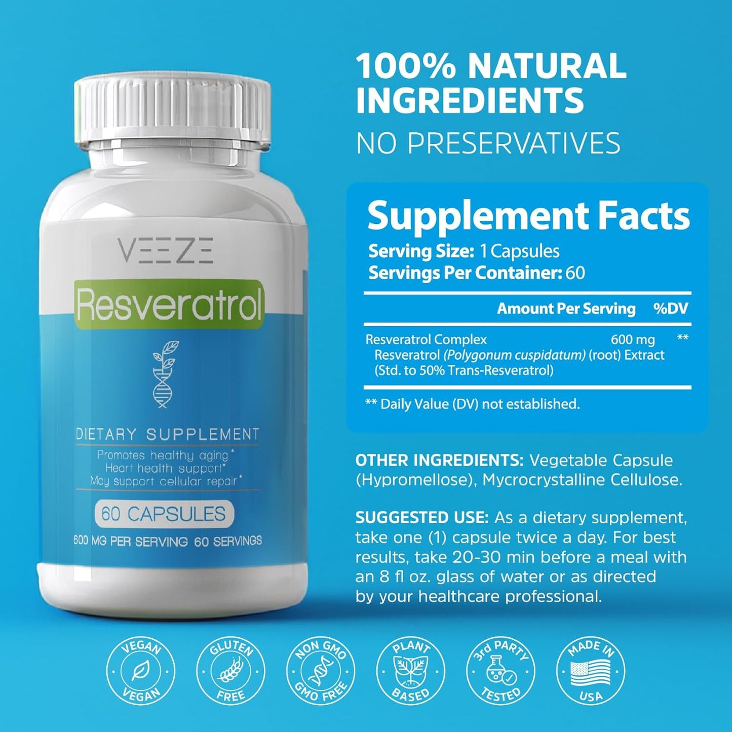 Organic VEEZE Resveratrol Supplement 600mg - USA Made, 60 Capsules - Antioxidant Rich with Trans Resveratrol for Well-Being Support