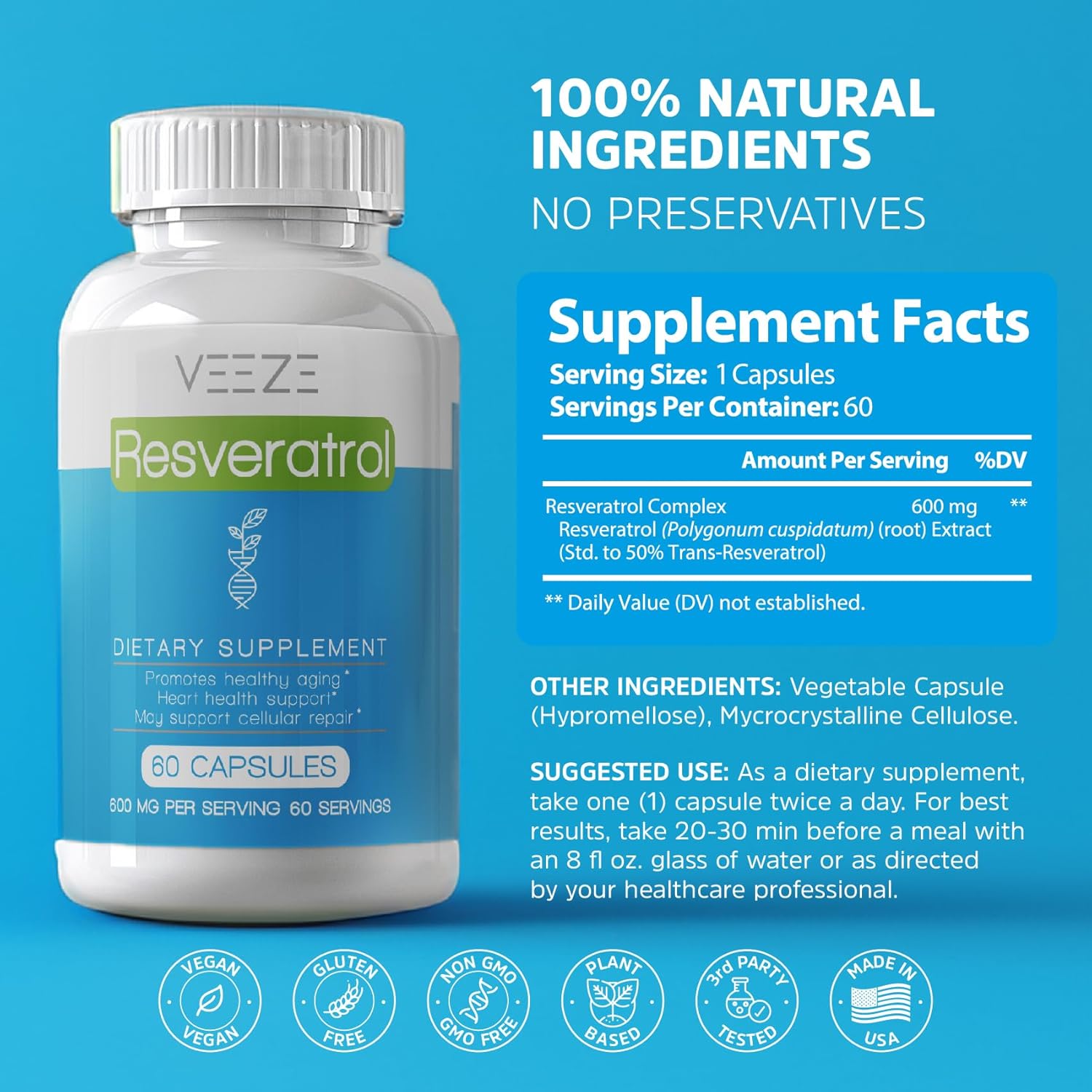 Organic VEEZE Resveratrol Supplement 600mg - USA Made, 60 Capsules - Antioxidant Rich with Trans Resveratrol for Well-Being Support