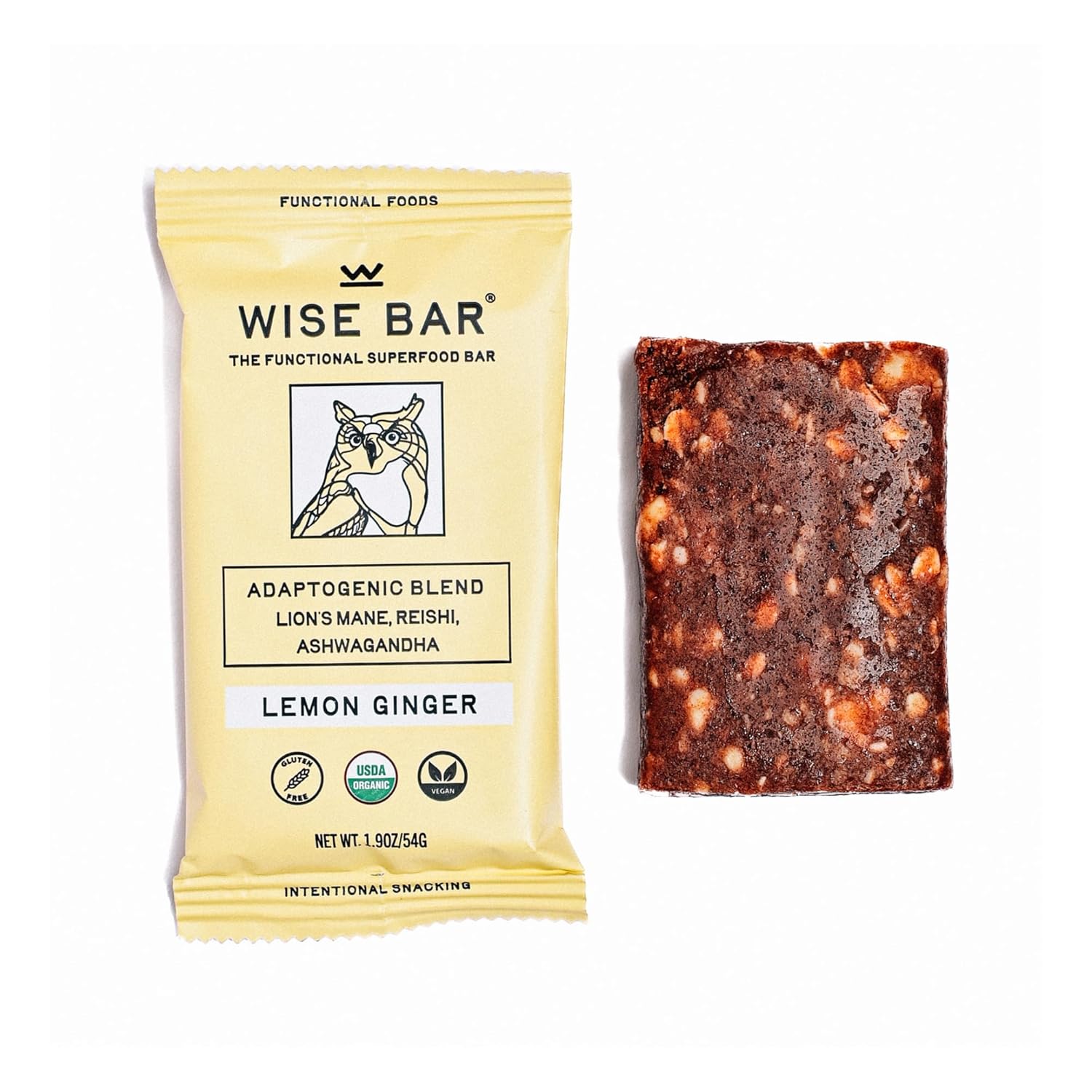 Organic Vegan Adaptogen Mushroom Bars for Energy & Focus, Lemon Ginger Flavor, 12 Pack