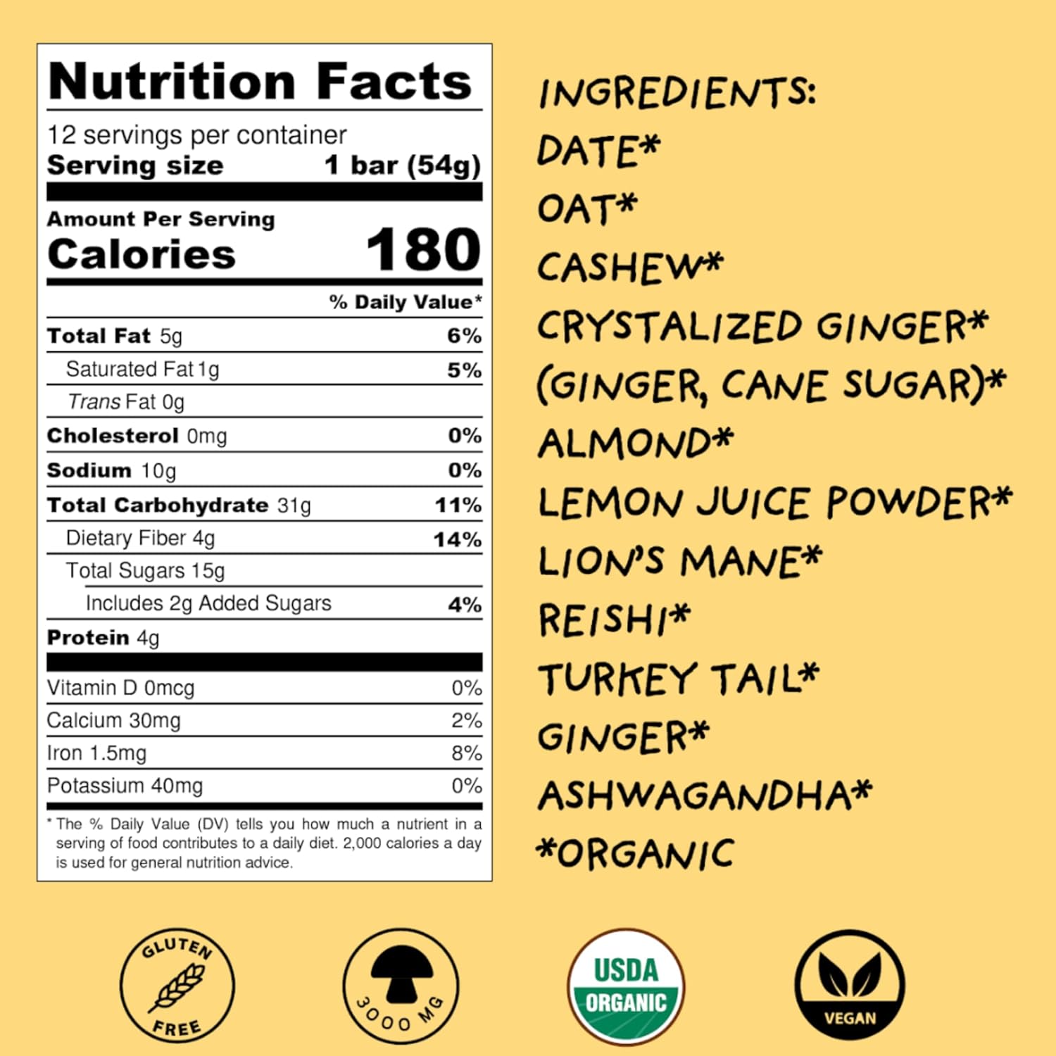 Organic Vegan Adaptogen Mushroom Bars for Energy & Focus, Lemon Ginger Flavor, 12 Pack