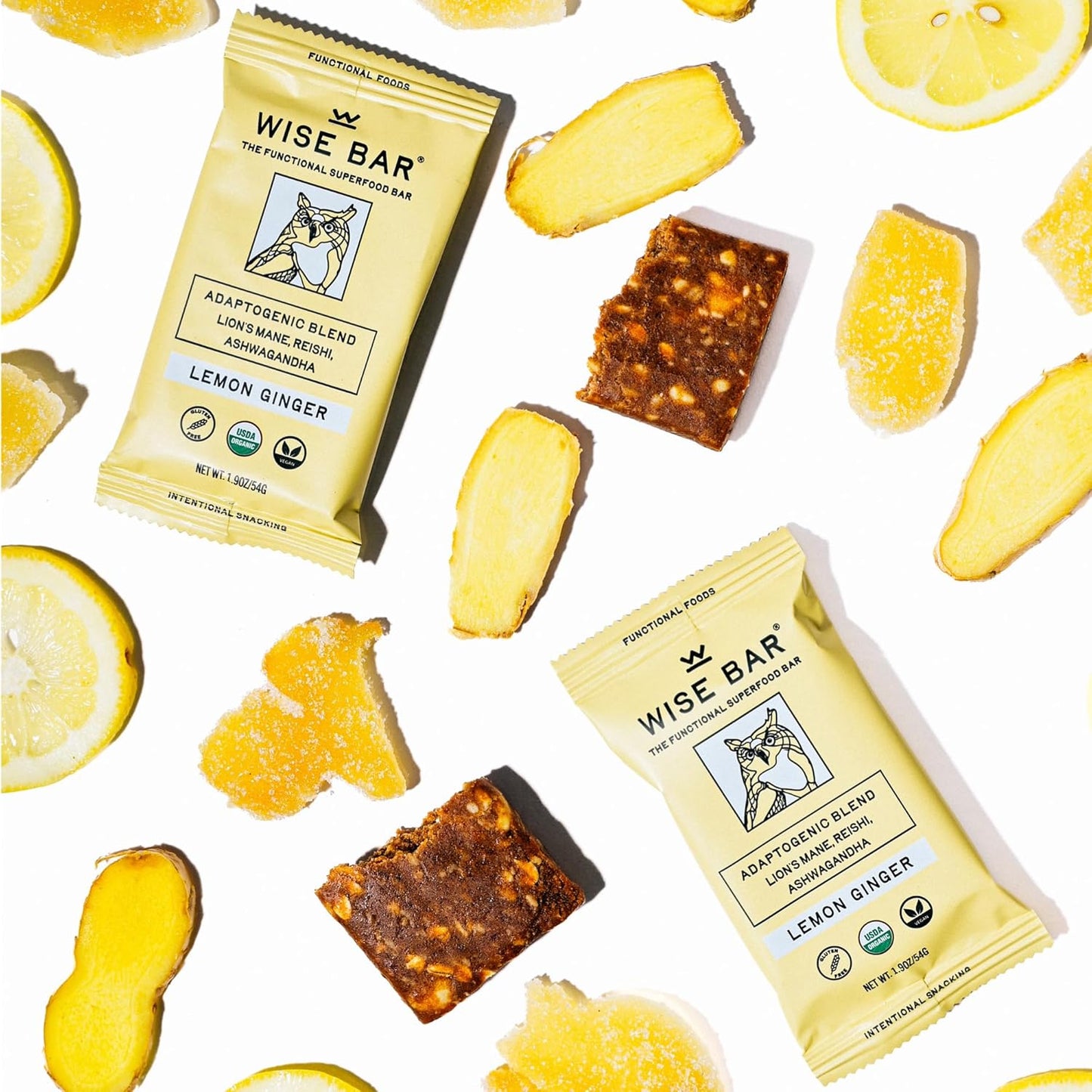 Organic Vegan Adaptogen Mushroom Bars for Energy & Focus, Lemon Ginger Flavor, 12 Pack