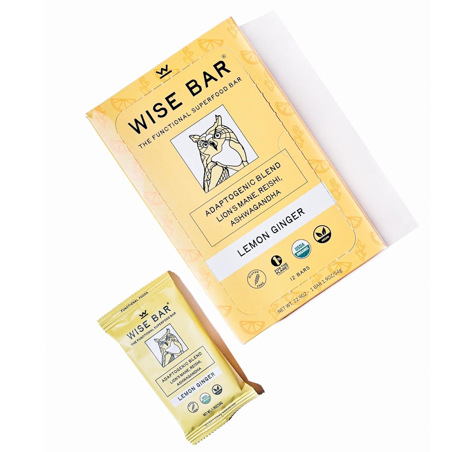 Organic Vegan Adaptogen Mushroom Bars for Energy & Focus, Lemon Ginger Flavor, 12 Pack