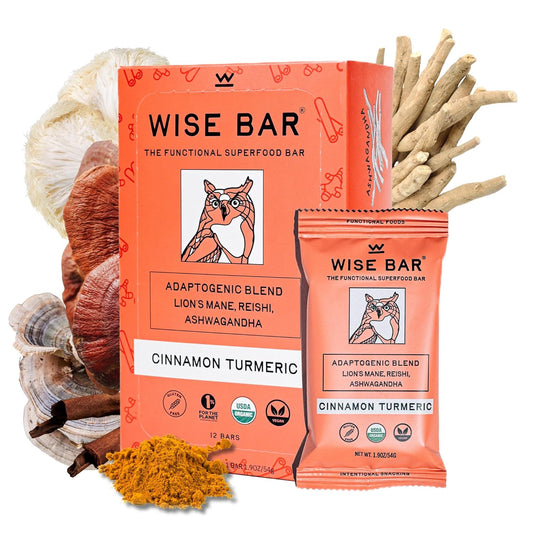Organic Vegan Adaptogen Mushroom Bars with Reishi & Ashwagandha for Energy & Focus, Cinnamon Turmeric Flavor - 12 Pack