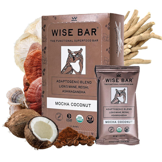 Organic Vegan Adaptogen Mushroom Nutrition Bars with Reishi, Lions Mane & Ashwagandha for Focus & Energy, Mocha Coconut Flavor, 12 Count
