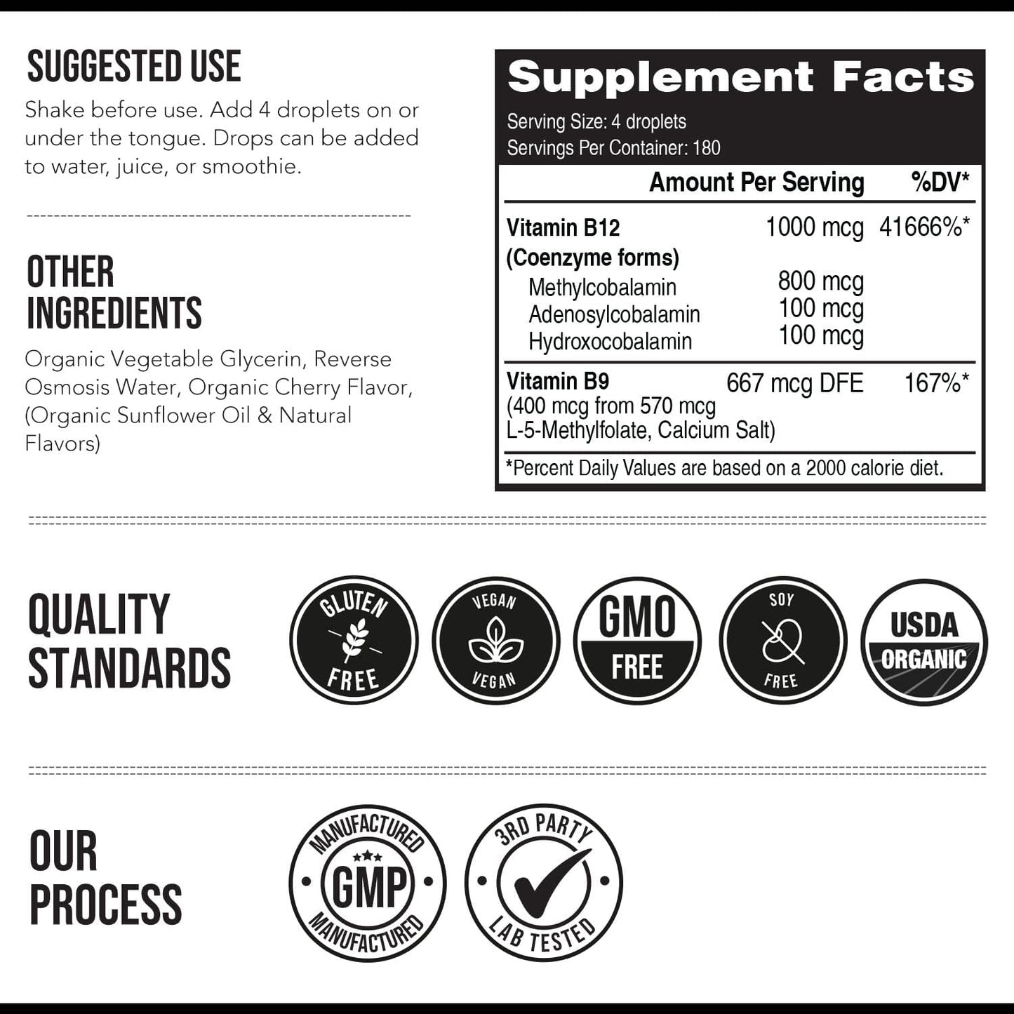 Organic Vegan BioActive Vitamin B12 Complex with Methylfolate - 180 Servings