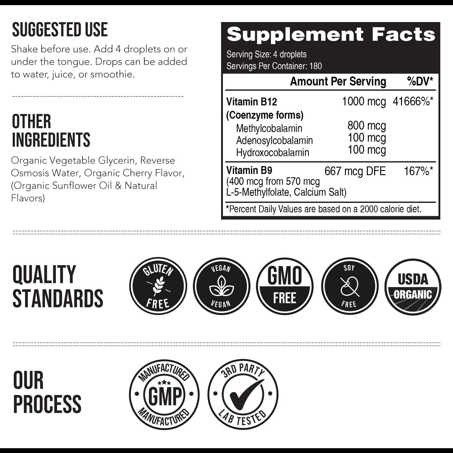 Organic Vegan BioActive Vitamin B12 Complex with Methylfolate - 180 Servings