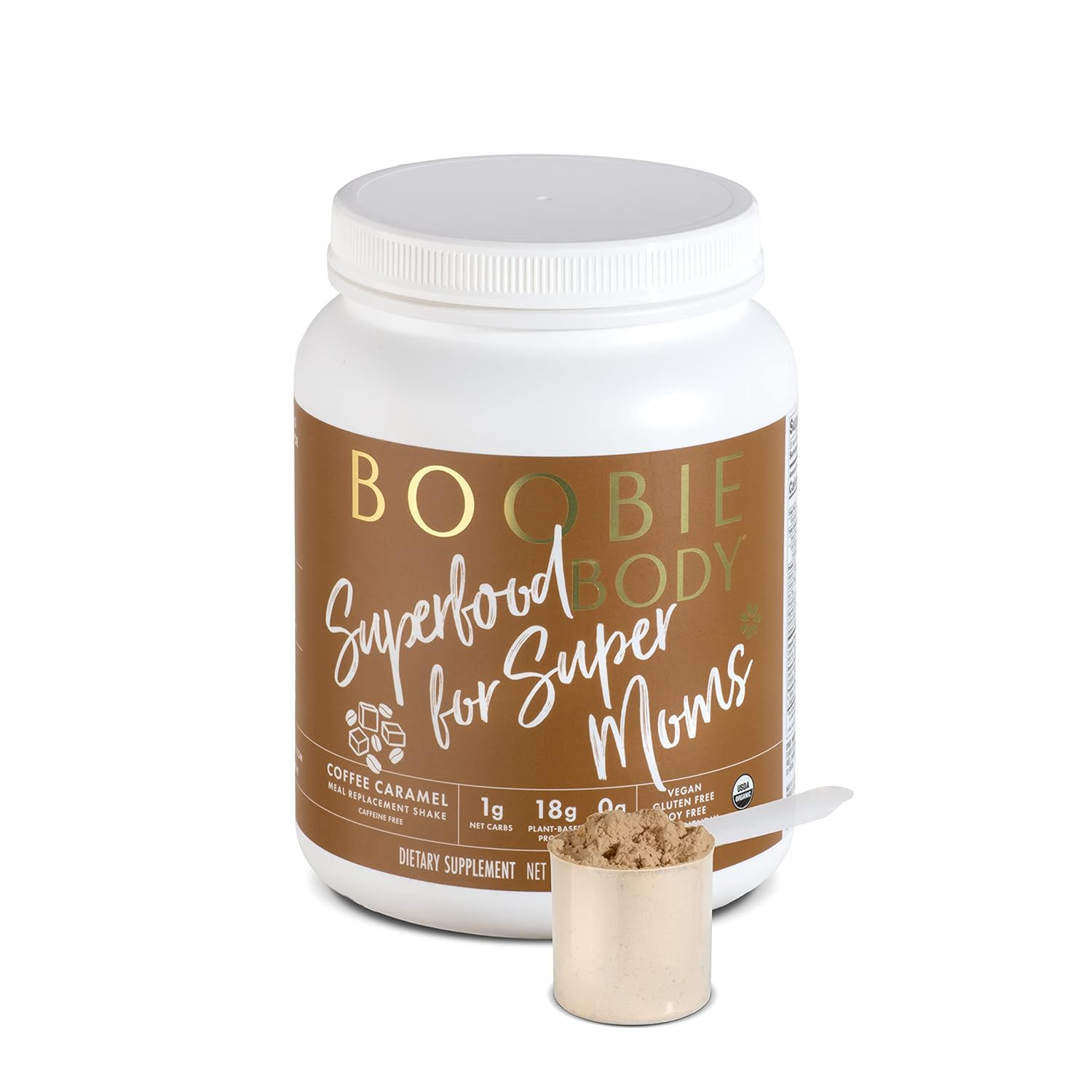 Organic Vegan Boobie Body Superfood Protein Shake, Coffee Caramel Flavor - 19g Protein, Safe for Pregnancy & Lactation - Meal Replacement for Motherhood - 1 Tub (21.2 oz)