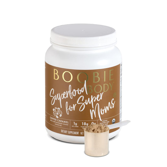 Organic Vegan Boobie Body Superfood Protein Shake, Coffee Caramel Flavor - 19g Protein, Safe for Pregnancy & Lactation - Meal Replacement for Motherhood - 1 Tub (21.2 oz)