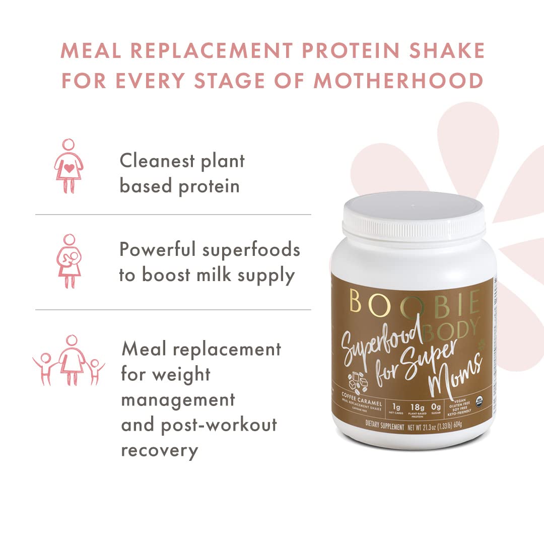 Organic Vegan Boobie Body Superfood Protein Shake, Coffee Caramel Flavor - 19g Protein, Safe for Pregnancy & Lactation - Meal Replacement for Motherhood - 1 Tub (21.2 oz)