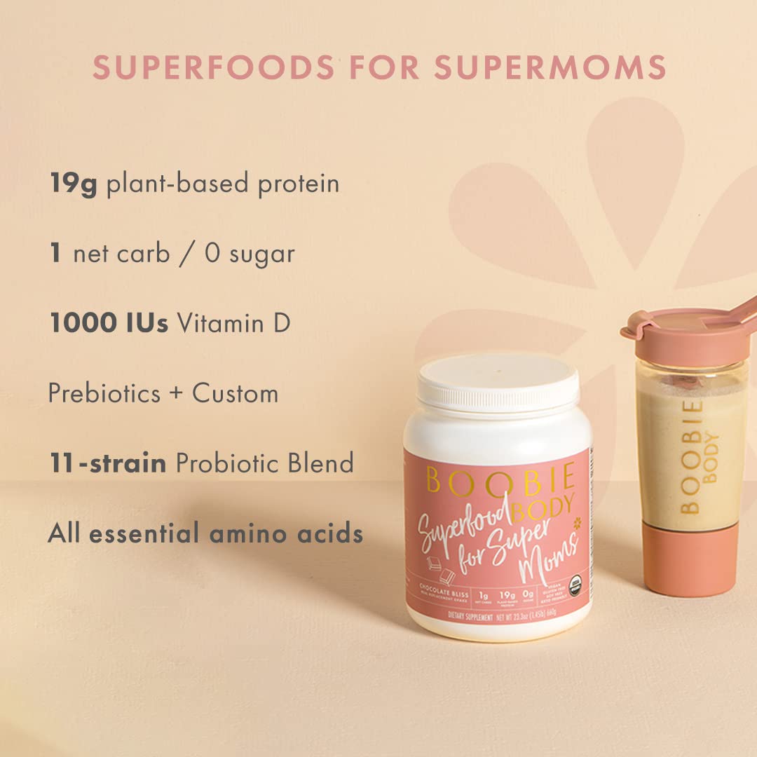 Organic Vegan Boobie Body Superfood Protein Shake, Coffee Caramel Flavor - 19g Protein, Safe for Pregnancy & Lactation - Meal Replacement for Motherhood - 1 Tub (21.2 oz)