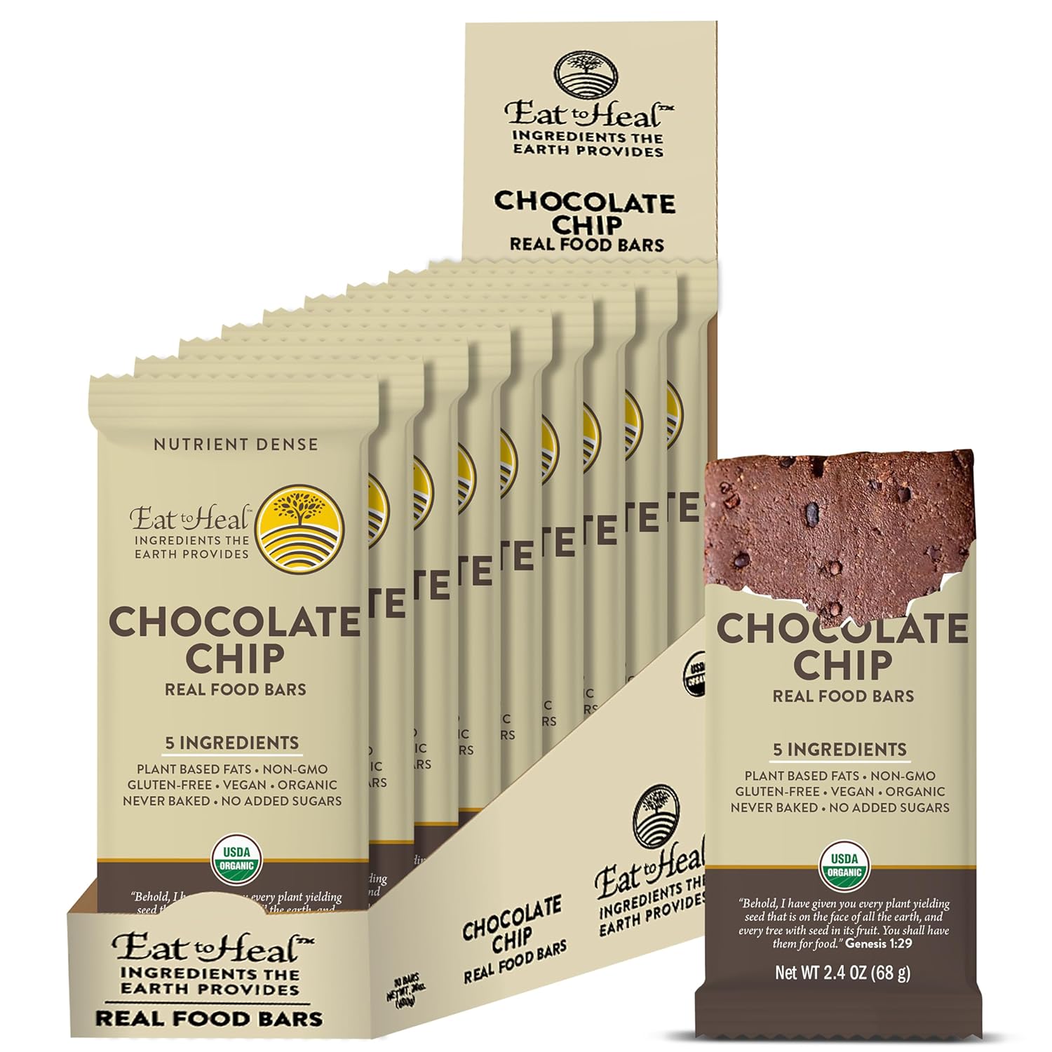 Organic Vegan Chocolate Chip Real Food Bar - Gluten Free Protein Bars, Low Sugar Meal Replacement, Non GMO Plant Based Snack