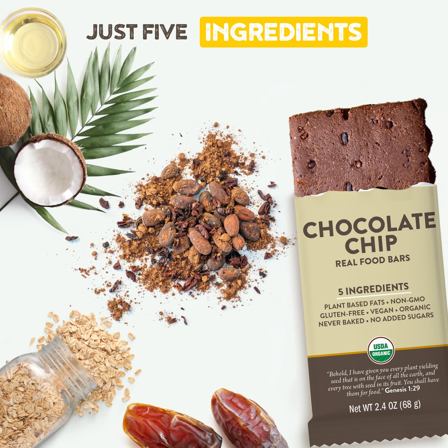 Organic Vegan Chocolate Chip Real Food Bar - Gluten Free Protein Bars, Low Sugar Meal Replacement, Non GMO Plant Based Snack