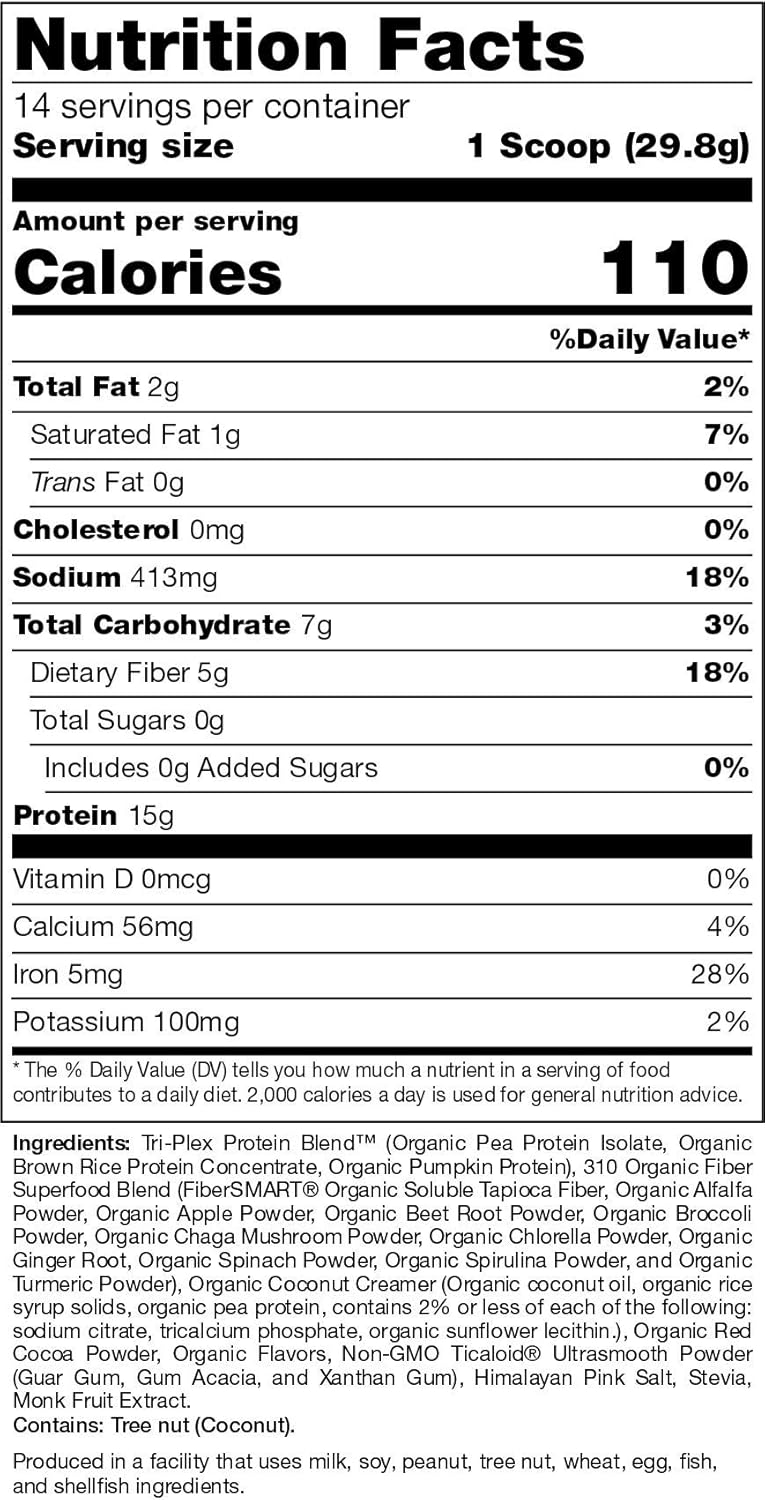 Organic Vegan Chocolate Plant Powder Meal Replacement Shake - Keto & Paleo Friendly - Gluten, Dairy, Soy Free - 0g Sugar - 14 Servings