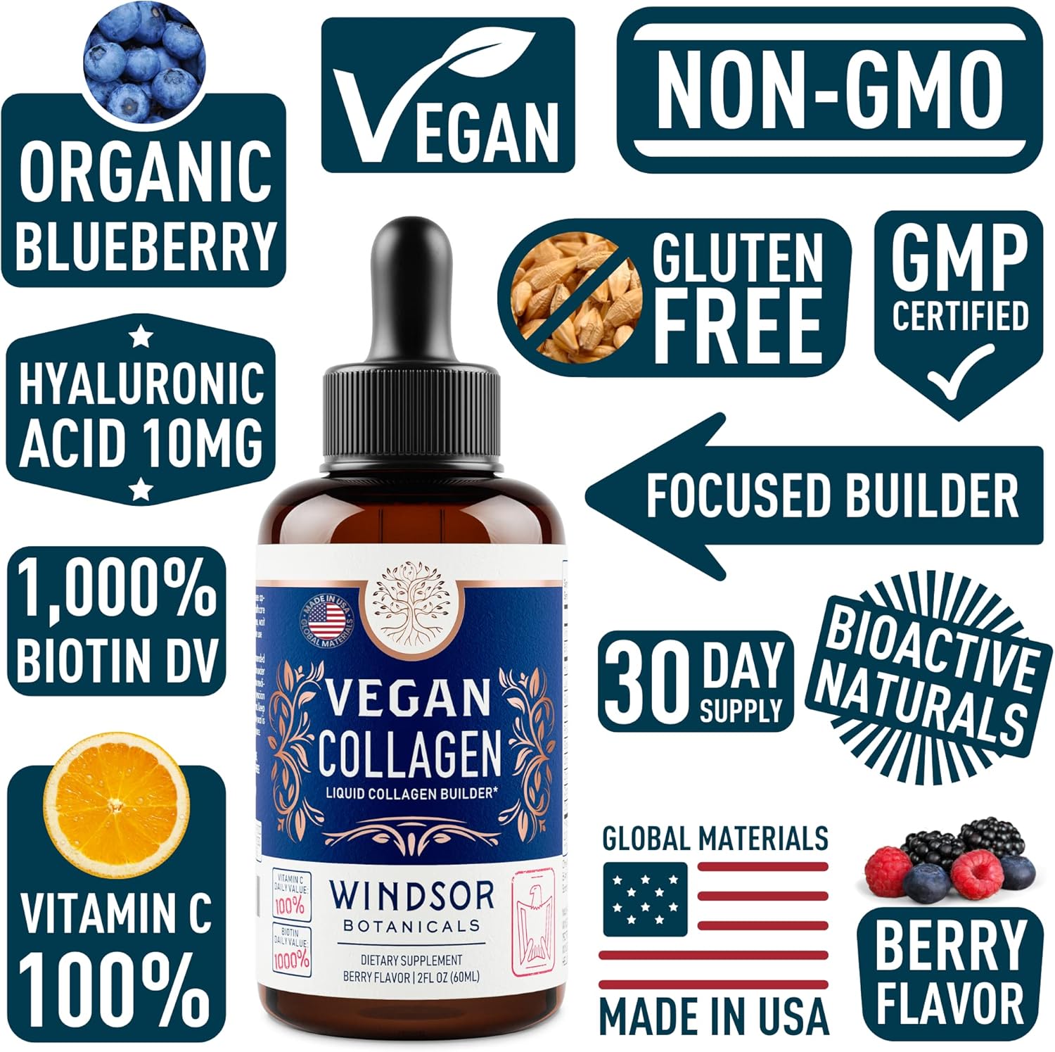 Organic Vegan Collagen Booster Liquid Supplement with Vitamin C, Biotin, Hyaluronic Acid & Amino Acids - 120ml, 60 Day Supply - BoostGo Australia