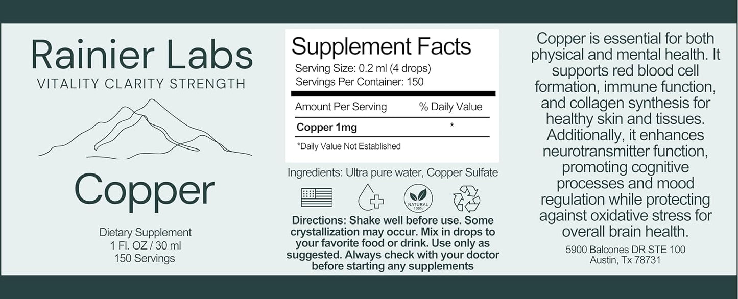 Organic Vegan Copper Supplement Tincture for Health by Rainier Labs