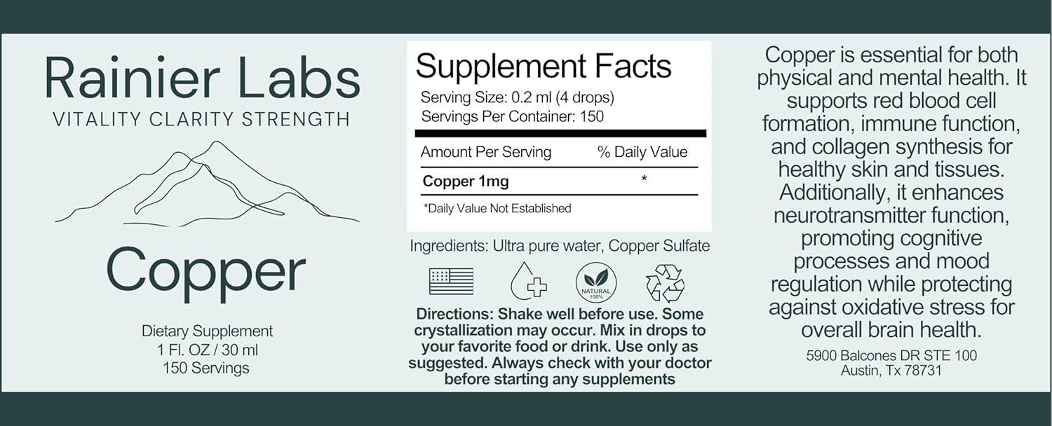 Organic Vegan Copper Supplement Tincture for Health by Rainier Labs