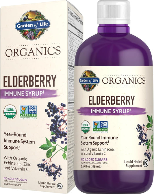 Organic Vegan Elderberry Immune Syrup for Kids & Adults - 6.59 fl oz - Sambucus, Echinacea, Zinc, Vitamin C - Sugar-Free - Gluten Free Herbal Supplement by Garden of Life Organics