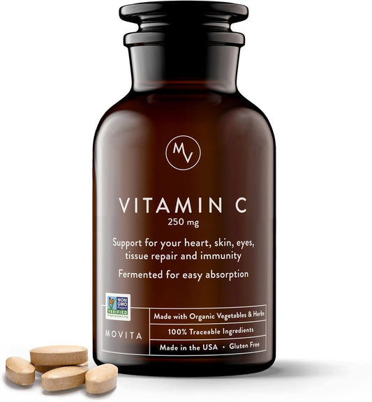 Organic Vegan Fermented Vitamin C 250mg - Immunity Boost, Antioxidant Support, Collagen Synthesis Aid - Gluten-Free, Non-GMO - 30-Day Supply