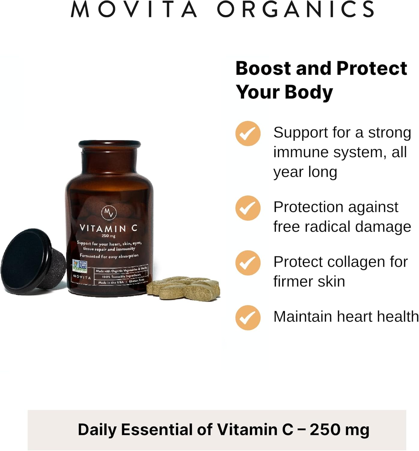 Organic Vegan Fermented Vitamin C 250mg - Immunity Boost, Antioxidant Support, Collagen Synthesis Aid - Gluten-Free, Non-GMO - 30-Day Supply