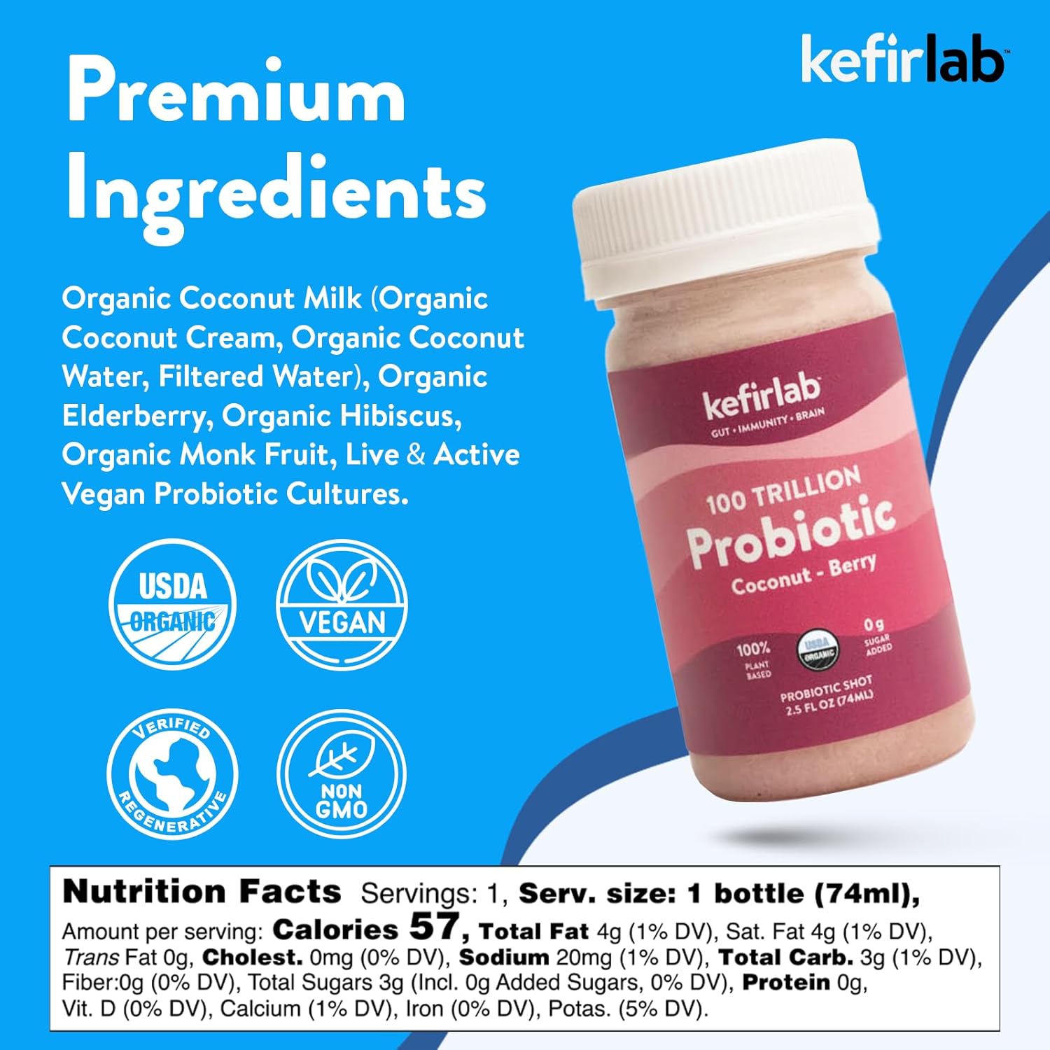 Organic Vegan KefirLab Probiotics - 100T CFU, 36 Strains - Berry Flavor, Immune & Digestive Support - Pack of 16