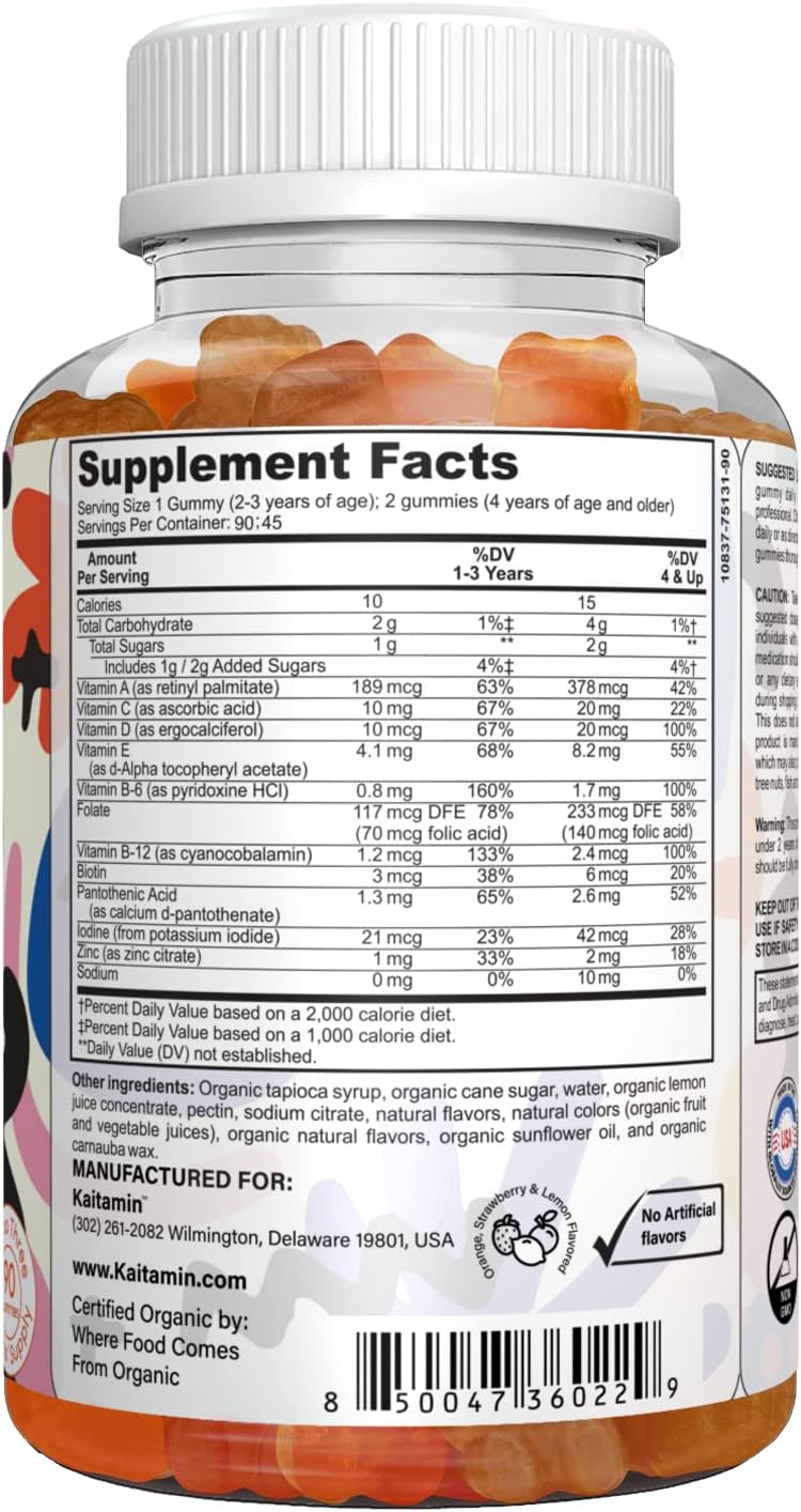 Organic Vegan Kids Multivitamin Gummies for Immune Support, Brain Health, and Growth - 90 Gummies, 3 Months Supply