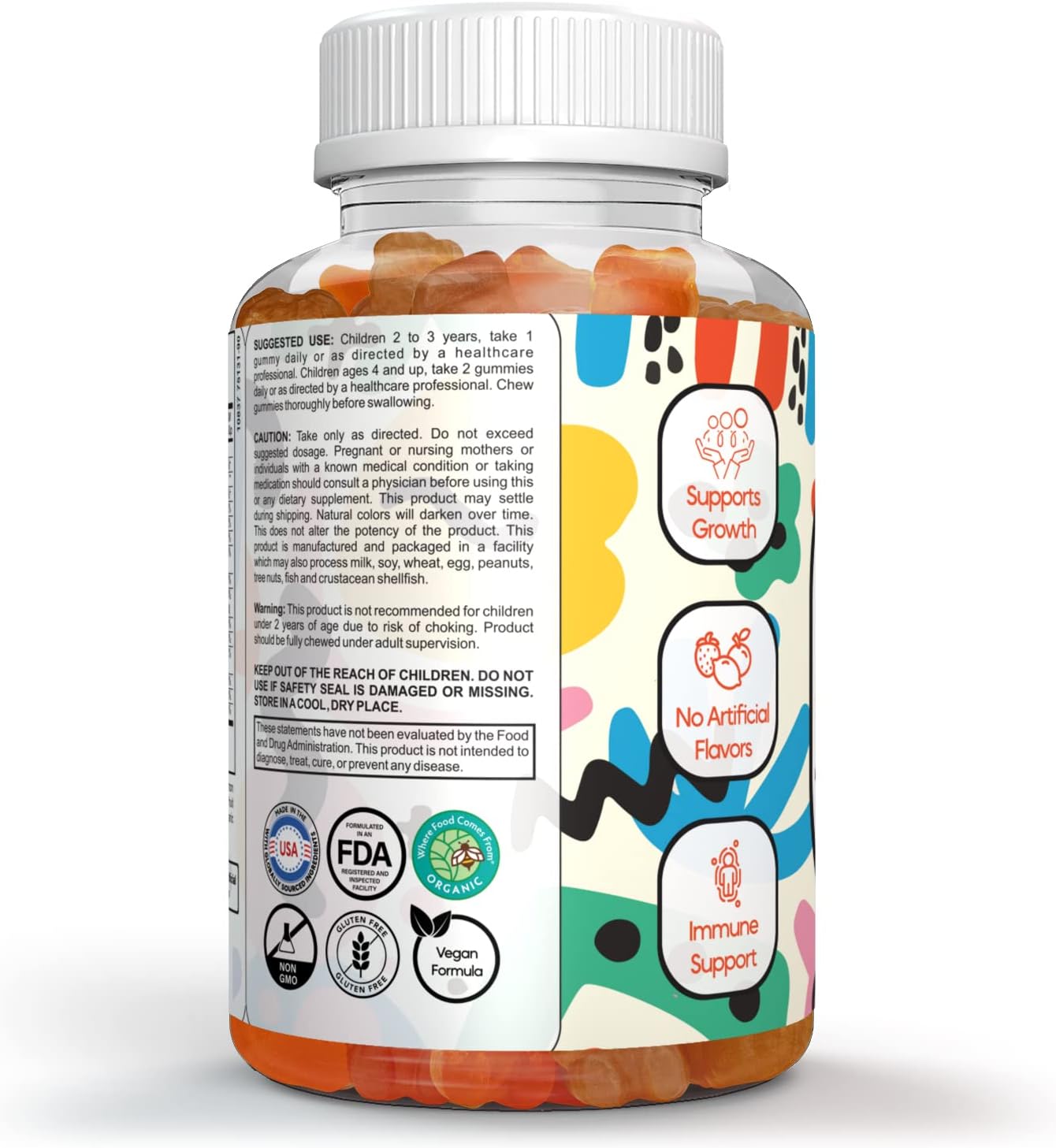 Organic Vegan Kids Multivitamin Gummies for Immune Support, Brain Health, and Growth - 90 Gummies, 3 Months Supply