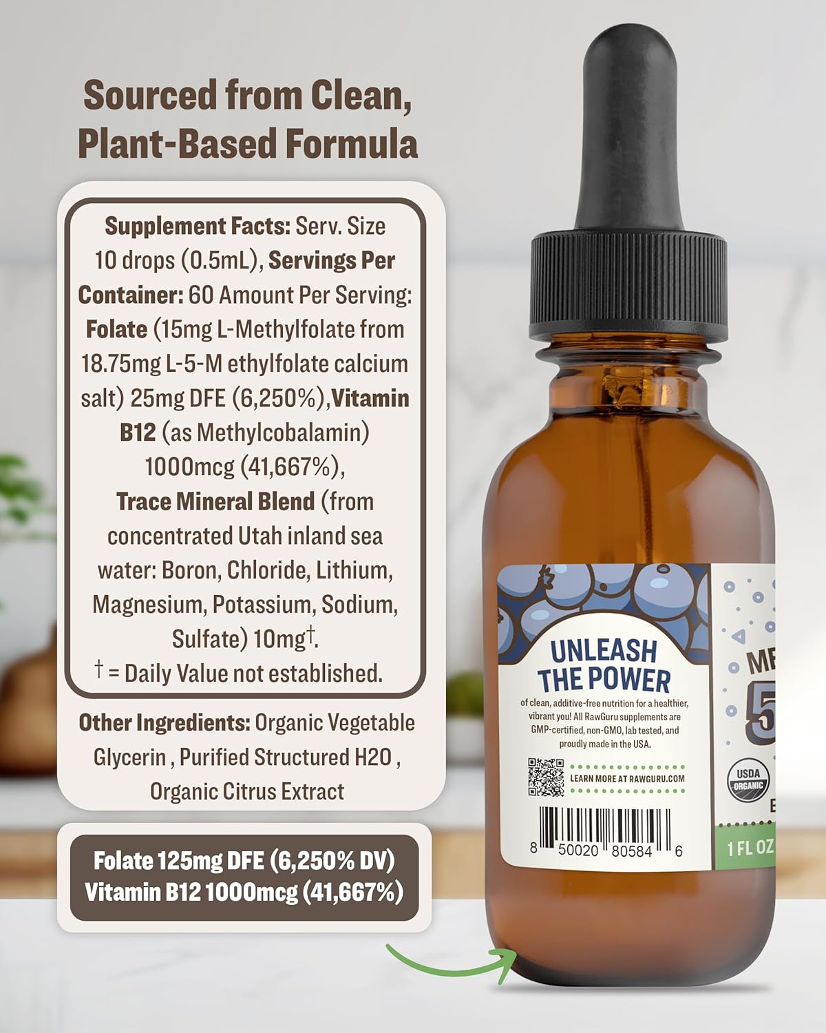 Organic Vegan L-Methylfolate 15 mg + Vitamin B12 Liquid Drops - Enhanced Nano-Processed Formula with Trace Minerals - 300 Servings - Pack of 1