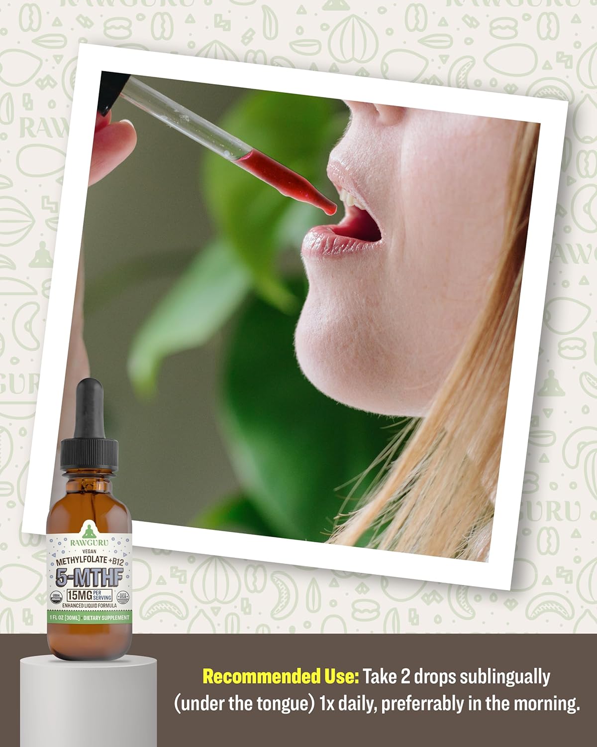 Organic Vegan L-Methylfolate 15 mg + Vitamin B12 Liquid Drops - Enhanced Nano-Processed Formula with Trace Minerals - 300 Servings - Pack of 1