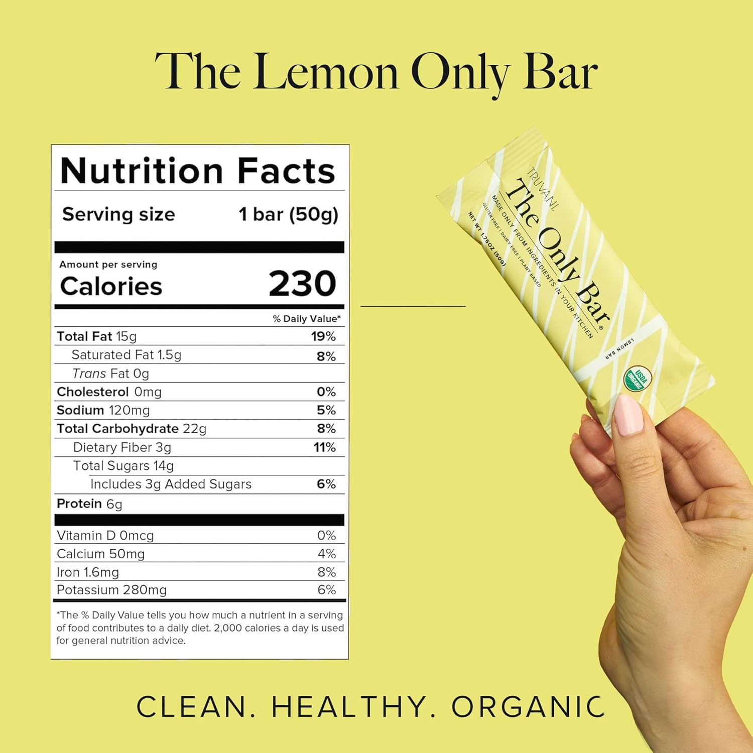 Organic Vegan Lemon Bar Snack Bar with 6g Protein - USDA Certified, Gluten-Free, Dairy-Free, Soy-Free - Individually Wrapped Pack of 1 - Truvani