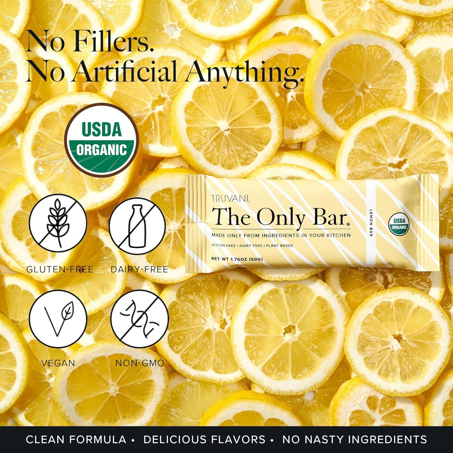 Organic Vegan Lemon Bar Snack Bar with 6g Protein - USDA Certified, Gluten-Free, Dairy-Free, Soy-Free - Individually Wrapped Pack of 1 - Truvani