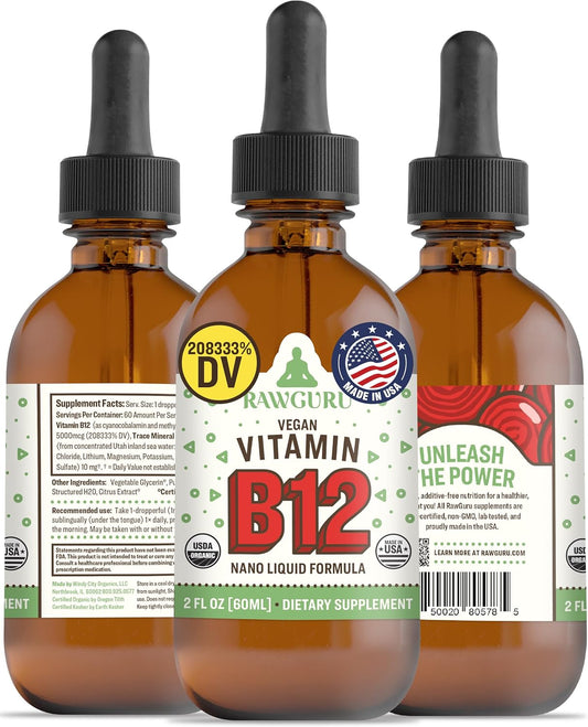 Organic Vegan Liquid B12 Supplement with Trace Minerals - Nano-Processed Immune Support Tincture - 60 Servings, 60 ml - Vegan Drops