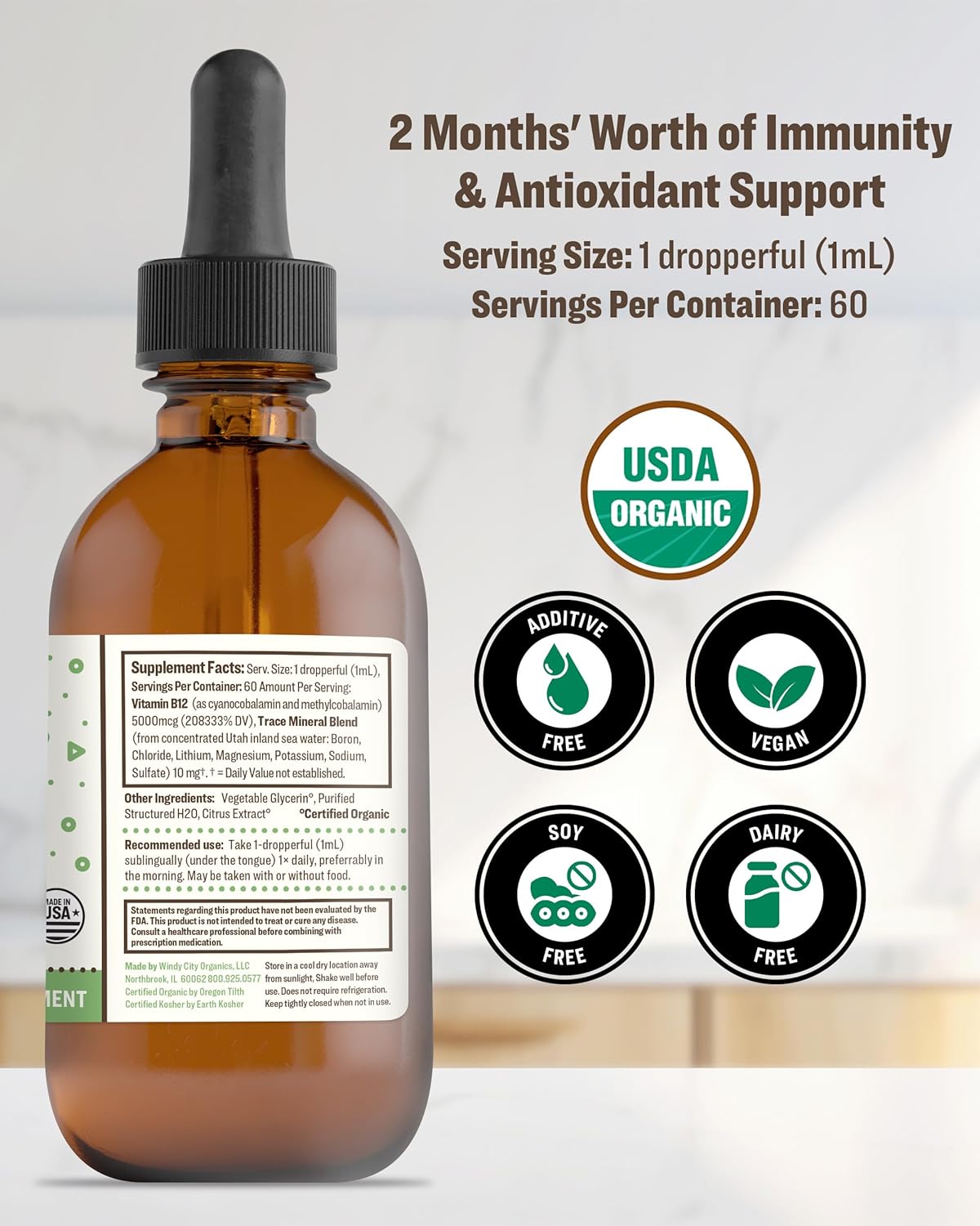 Organic Vegan Liquid B12 Supplement with Trace Minerals - Nano-Processed Immune Support Tincture - 60 Servings, 60 ml - Vegan Drops