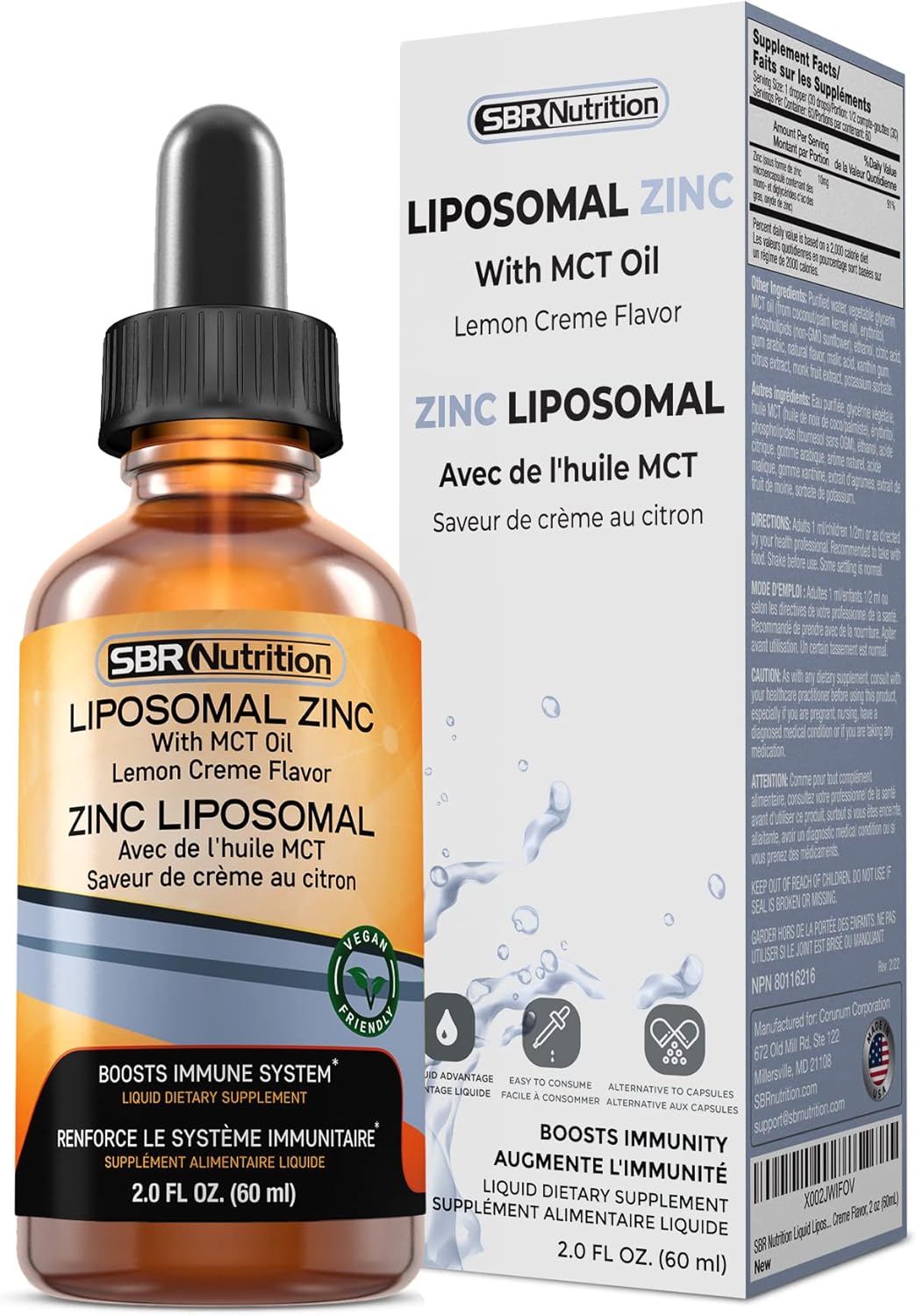 Organic Vegan Liquid Liposomal Zinc with MCT Oil Dietary Supplement for Immune & Metabolic Support - Lemon Creme Flavor - 2 oz