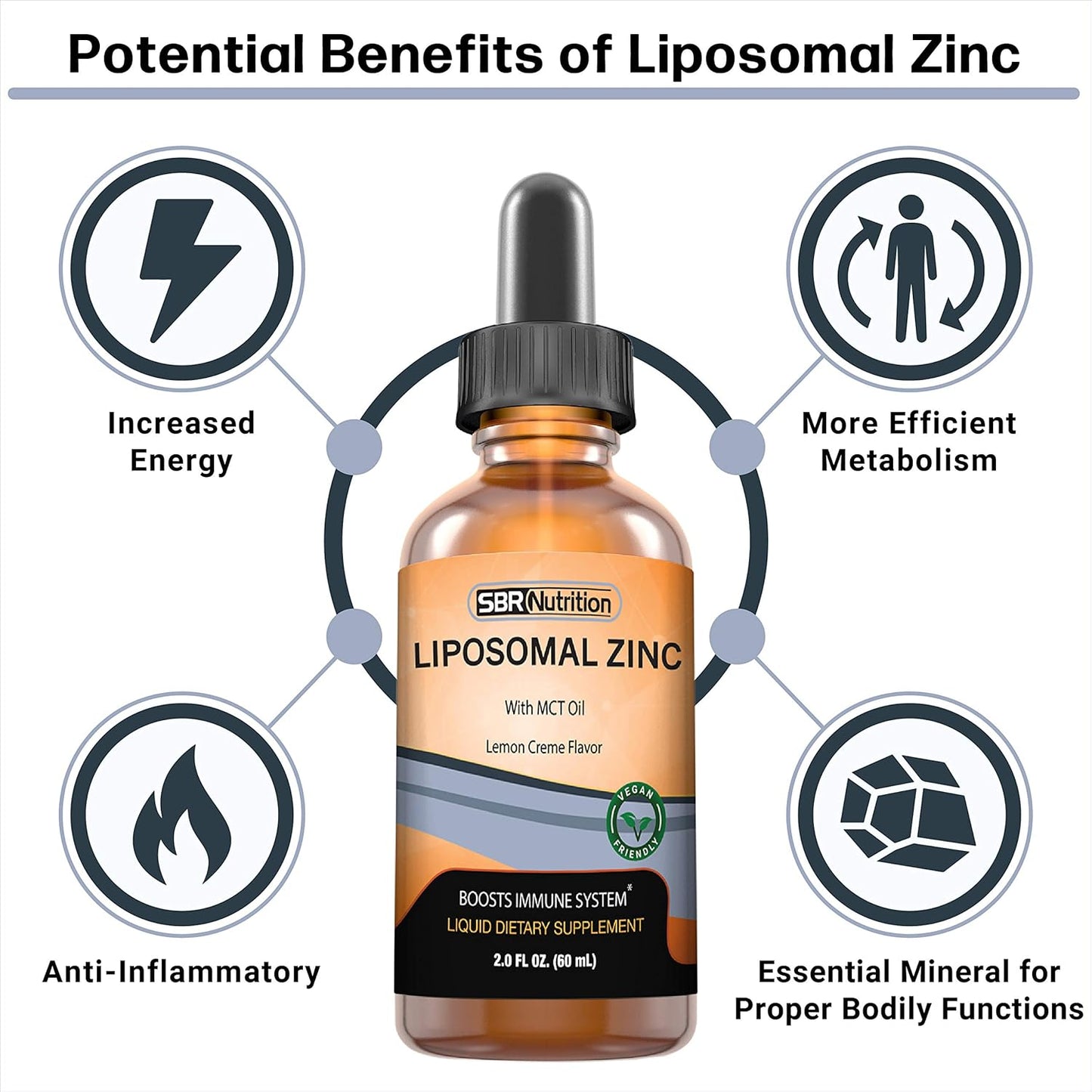 Organic Vegan Liquid Liposomal Zinc with MCT Oil Dietary Supplement for Immune & Metabolic Support - Lemon Creme Flavor - 2 oz
