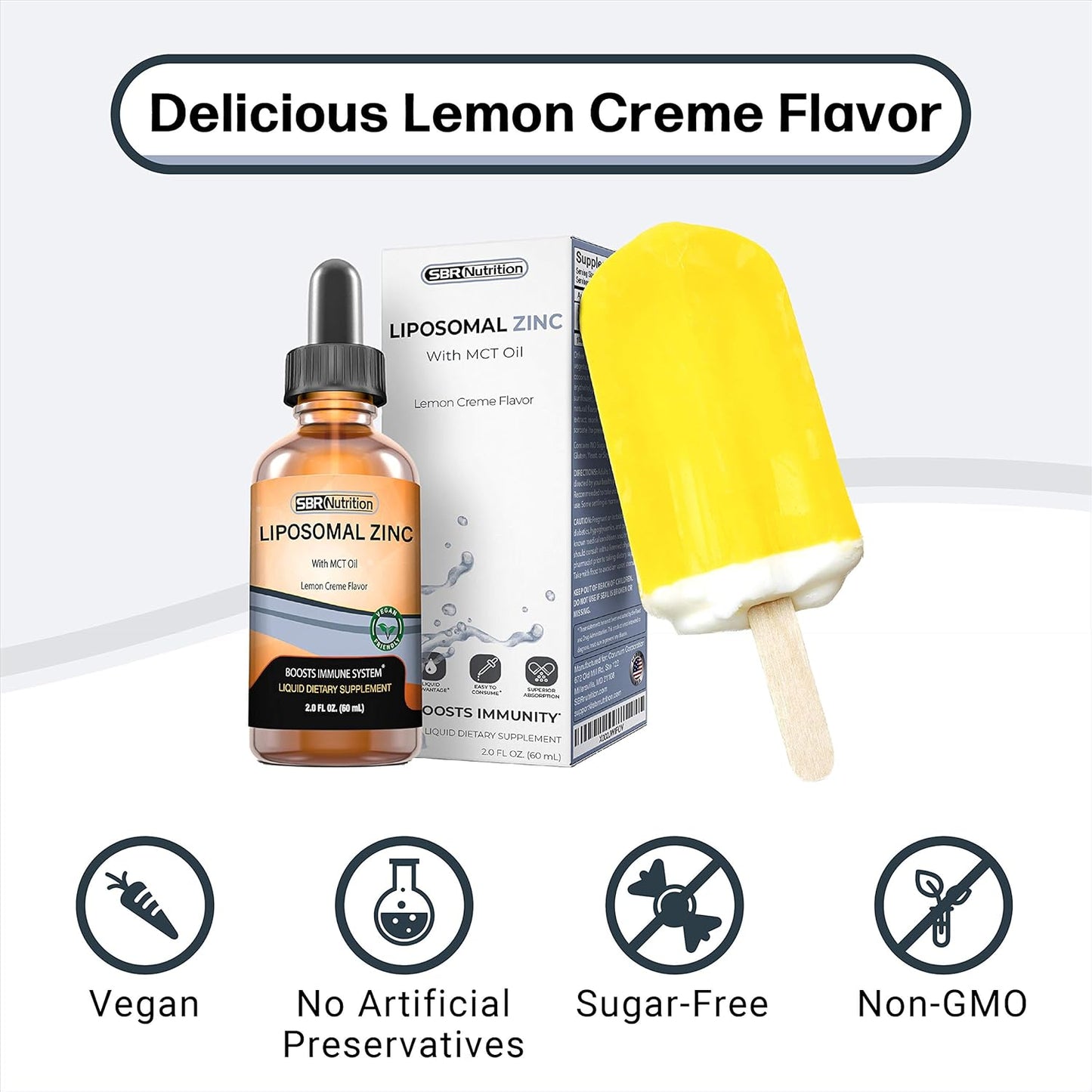 Organic Vegan Liquid Liposomal Zinc with MCT Oil Dietary Supplement for Immune & Metabolic Support - Lemon Creme Flavor - 2 oz