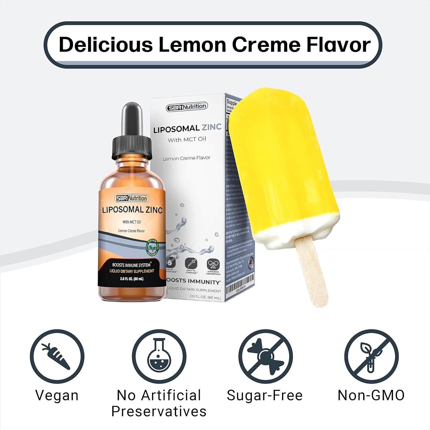 Organic Vegan Liquid Liposomal Zinc with MCT Oil Dietary Supplement for Immune & Metabolic Support - Lemon Creme Flavor - 2 oz