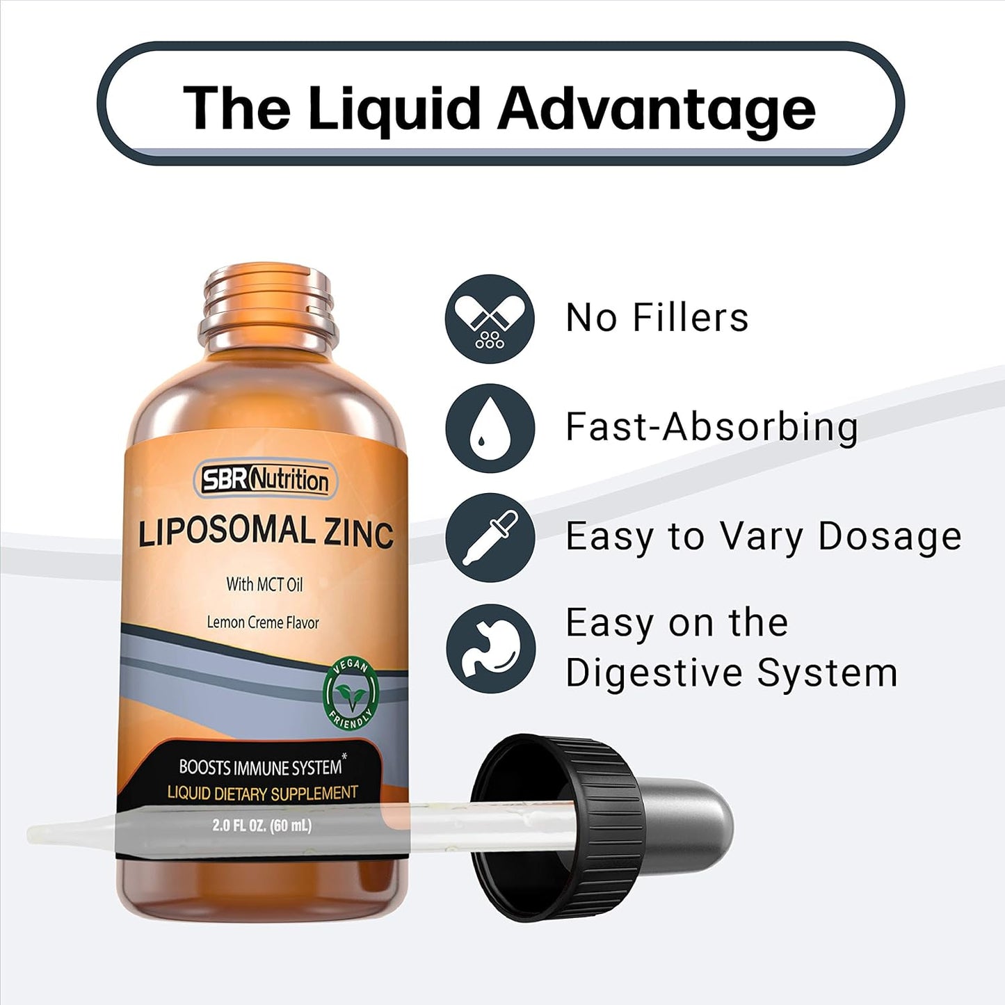 Organic Vegan Liquid Liposomal Zinc with MCT Oil Dietary Supplement for Immune & Metabolic Support - Lemon Creme Flavor - 2 oz
