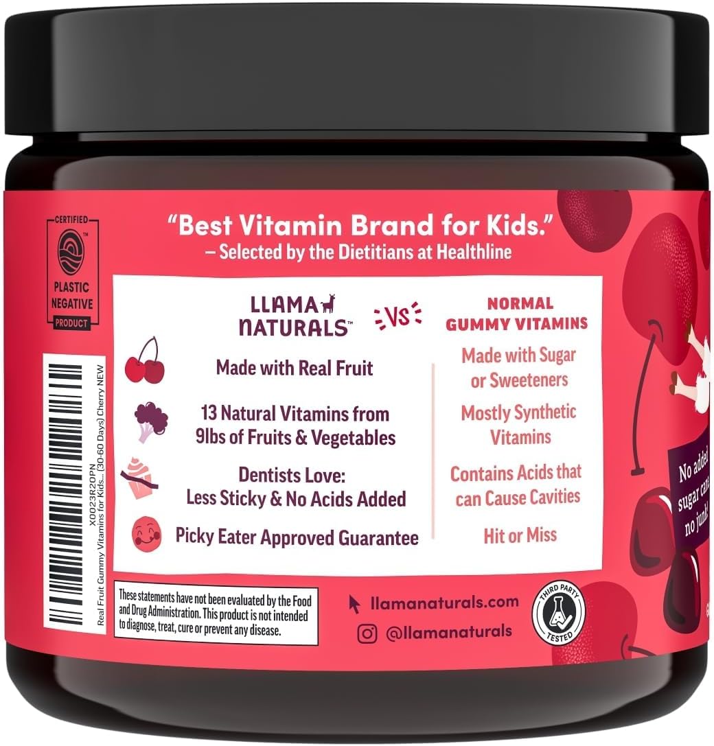Organic Vegan Llama Naturals Cherry Gummy Vitamins for Kids - No Added Sugar, Whole Food Multivitamin - 90 ct Chewable Toddler Gummies