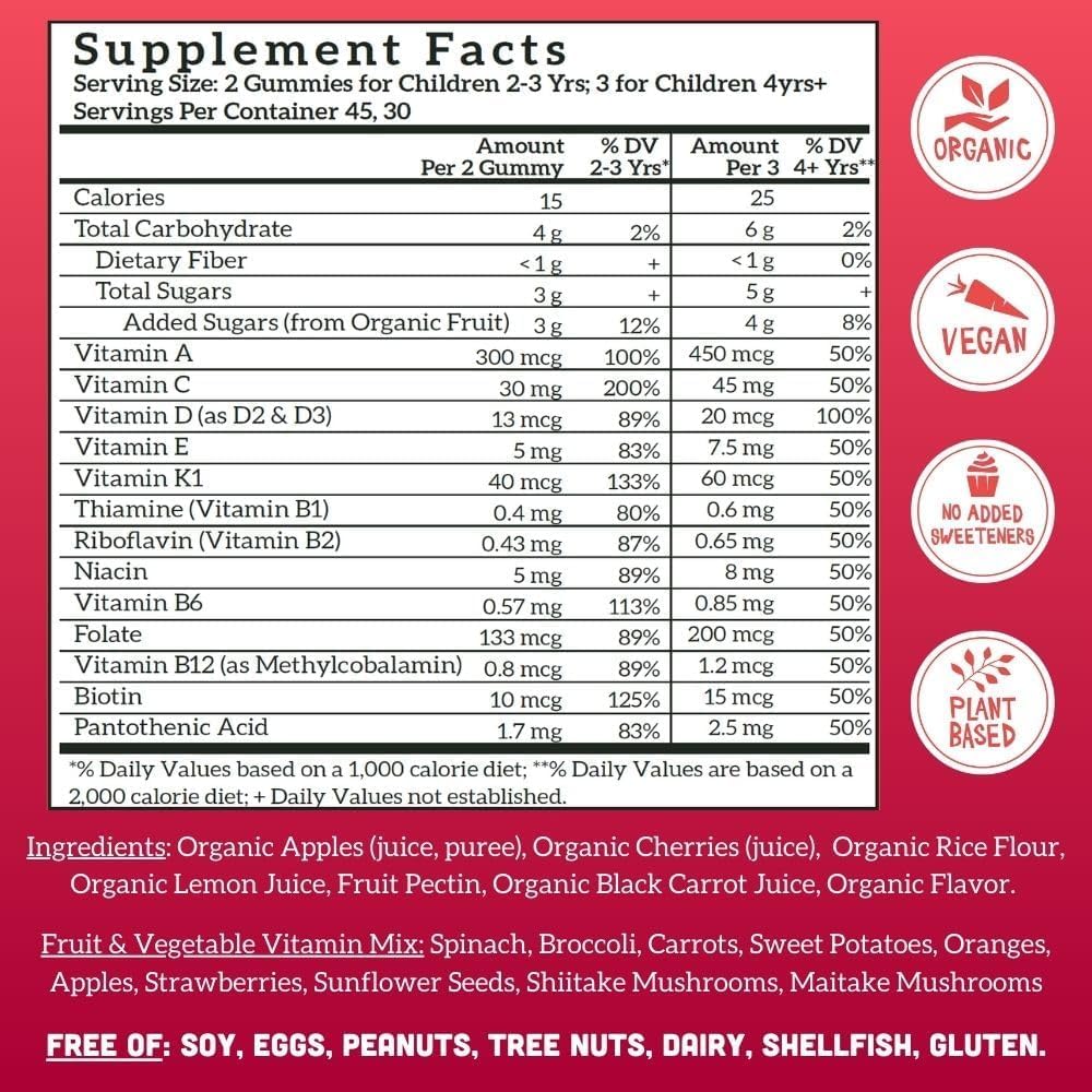 Organic Vegan Llama Naturals Cherry Gummy Vitamins for Kids - No Added Sugar, Whole Food Multivitamin - 90 ct Chewable Toddler Gummies