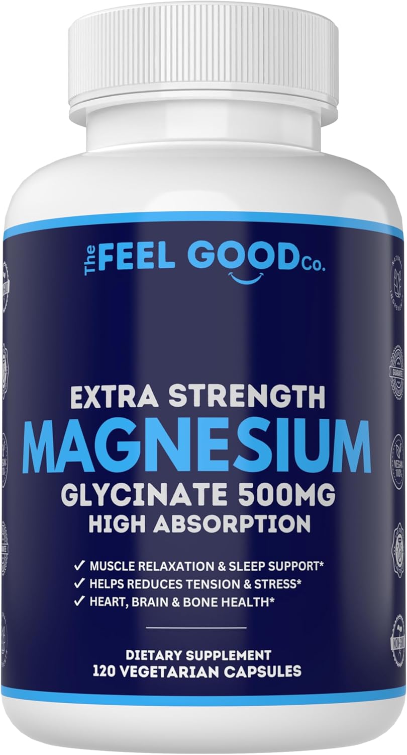 Organic Vegan Magnesium Glycinate Capsules - 500mg for Better Sleep, Heart Health, Nerves, Bones & Muscles - High Absorption, Non-GMO, Gluten-Free - 4 Month Supply by The Feel Good Co.