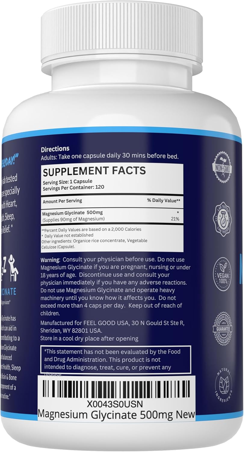 Organic Vegan Magnesium Glycinate Capsules - 500mg for Better Sleep, Heart Health, Nerves, Bones & Muscles - High Absorption, Non-GMO, Gluten-Free - 4 Month Supply by The Feel Good Co.