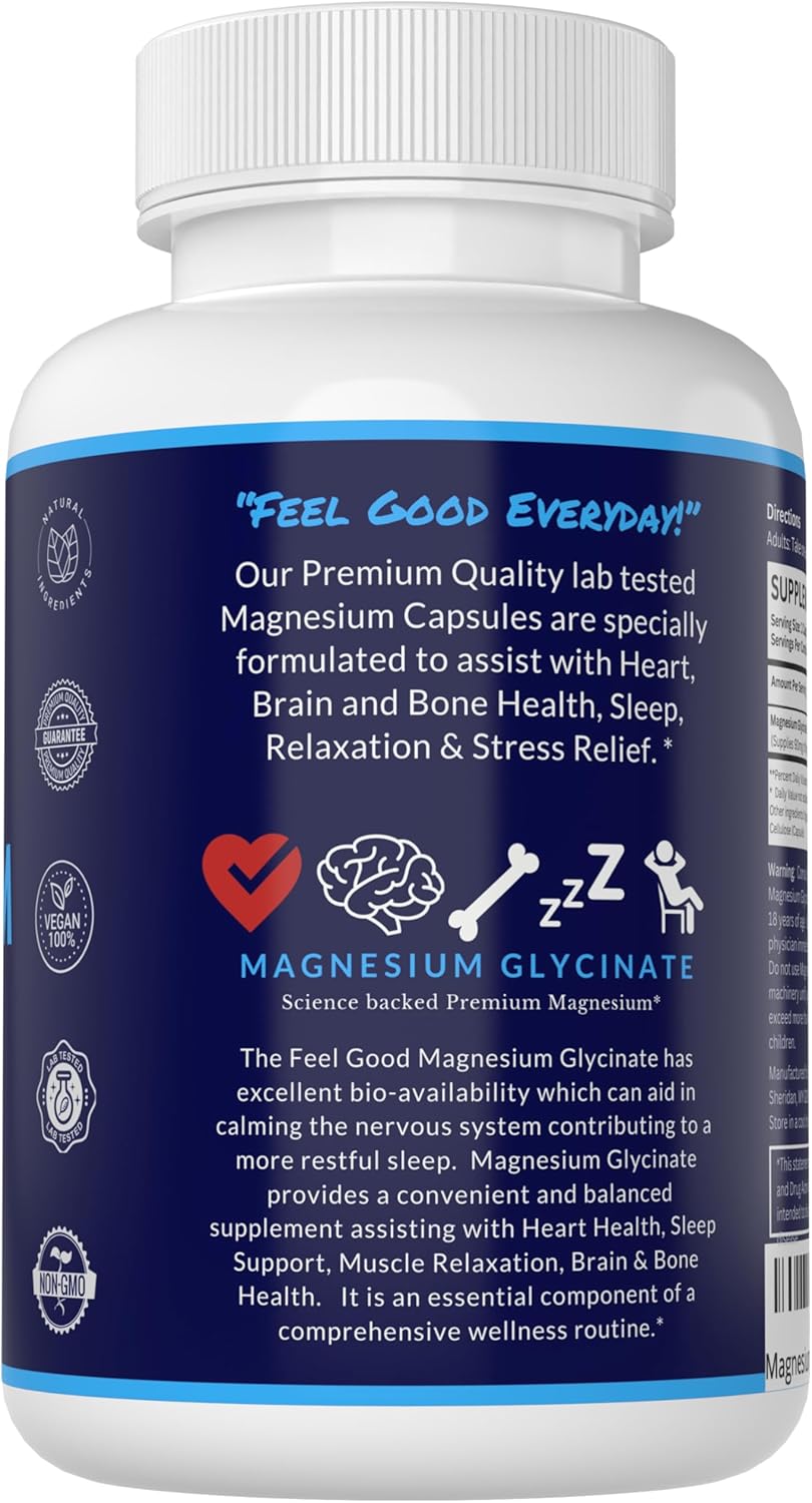 Organic Vegan Magnesium Glycinate Capsules - 500mg for Better Sleep, Heart Health, Nerves, Bones & Muscles - High Absorption, Non-GMO, Gluten-Free - 4 Month Supply by The Feel Good Co.