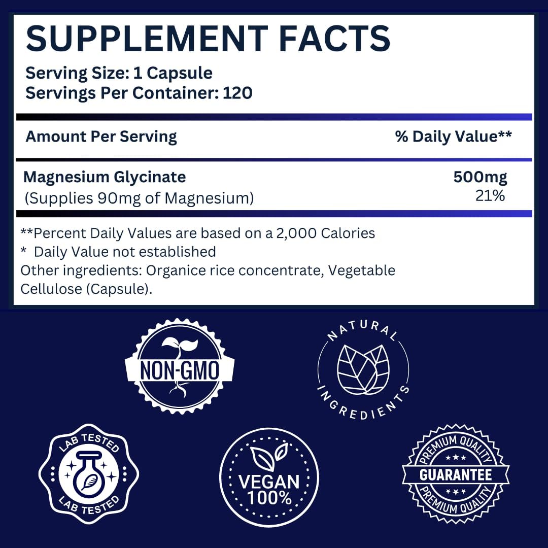 Organic Vegan Magnesium Glycinate Capsules - 500mg for Better Sleep, Heart Health, Nerves, Bones & Muscles - High Absorption, Non-GMO, Gluten-Free - 4 Month Supply by The Feel Good Co.