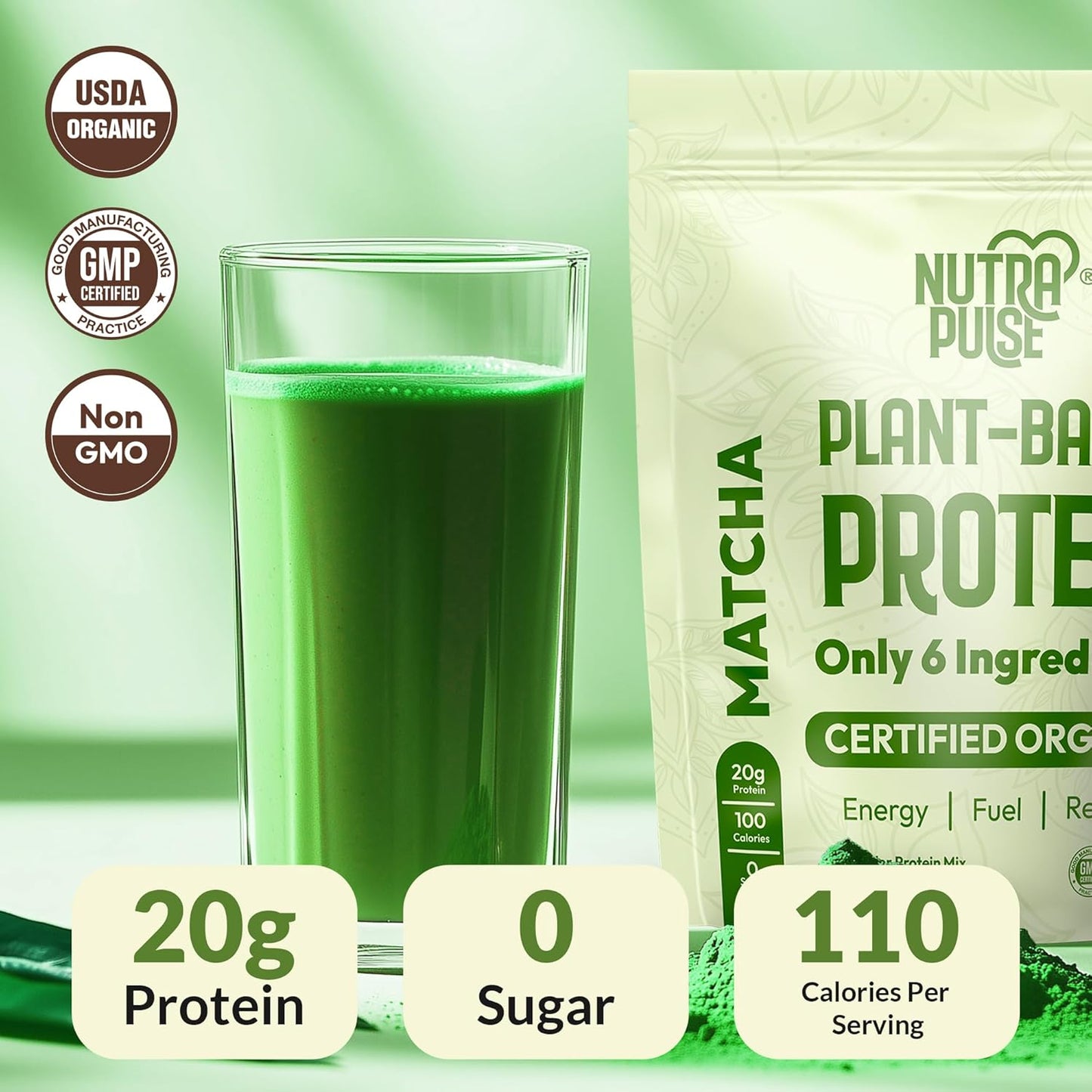 Organic Vegan Matcha Protein Powder - Plant-Based & Gluten-Free with 20g Protein Per Serving - Ideal for Smoothies & Shakes - 1 Pack, 20 Servings