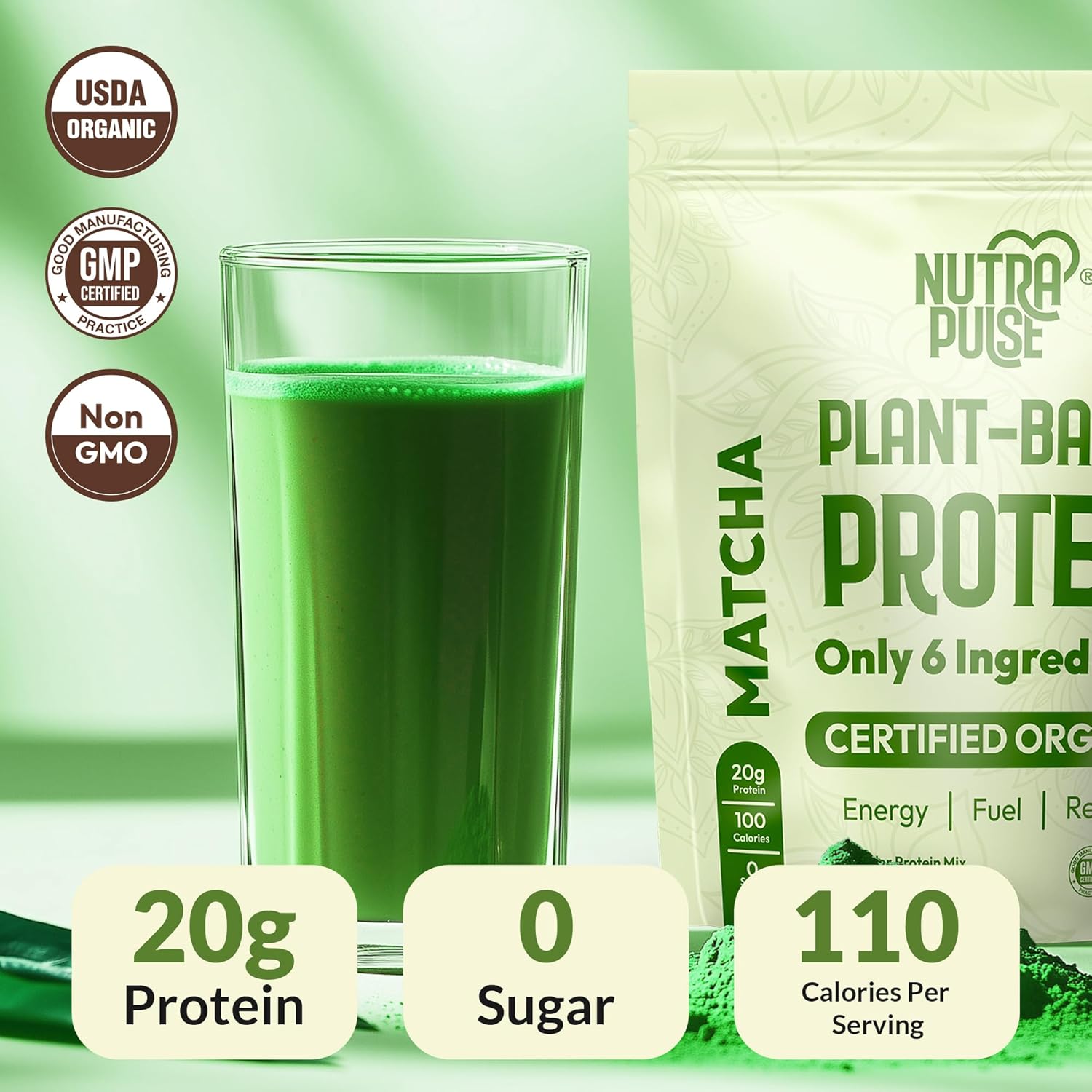 Organic Vegan Matcha Protein Powder - Plant-Based & Gluten-Free with 20g Protein Per Serving - Ideal for Smoothies & Shakes - 1 Pack, 20 Servings