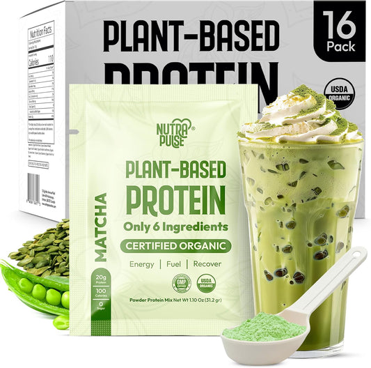 Organic Vegan Matcha Protein Powder Sample Pack - Plant-Based, Gluten-Free, Non GMO, 20g Protein Per Serving - Ideal for Smoothies & Shakes - Pack of 16
