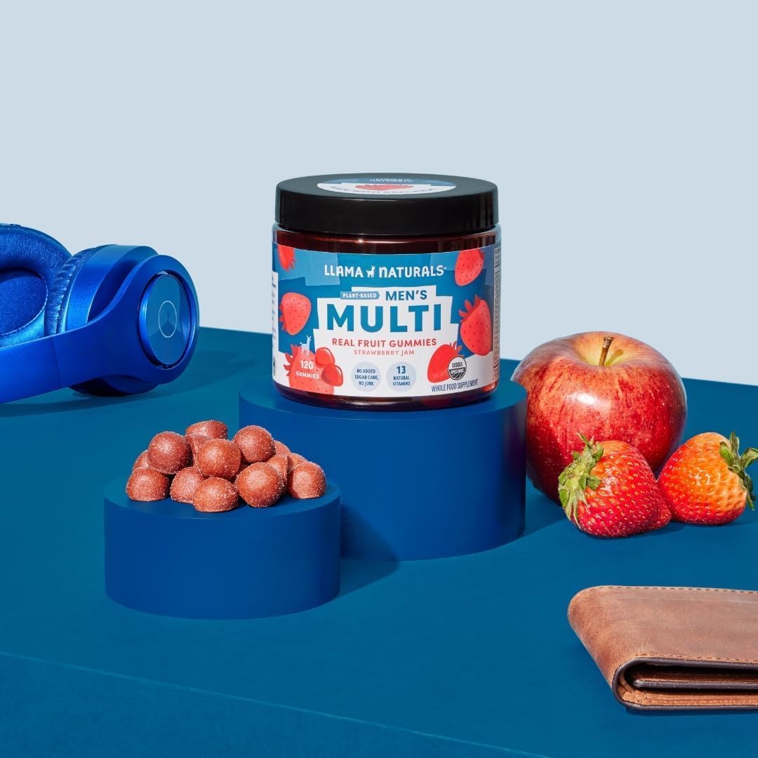 Organic Vegan Men's Multivitamin Gummies - 120 ct Strawberry Flavor - No Added Sugar - Whole Food Chewables - 30 Day Supply