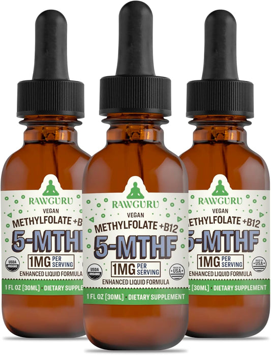 Organic Vegan Methylfolate 1mg with Vitamin B12 - Enhanced Liquid Drops with Trace Minerals - 300 Servings per 30 ml - Pack of 3