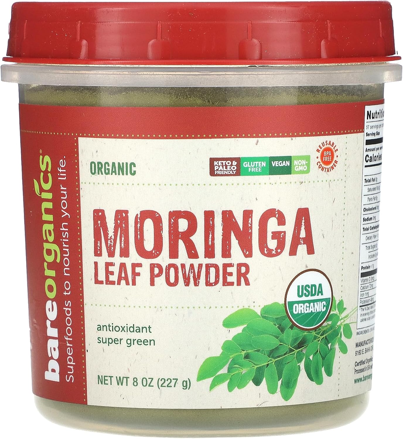 Organic Vegan Moringa Leaf Superfood Powder by BareOrganics - 8 Ounces