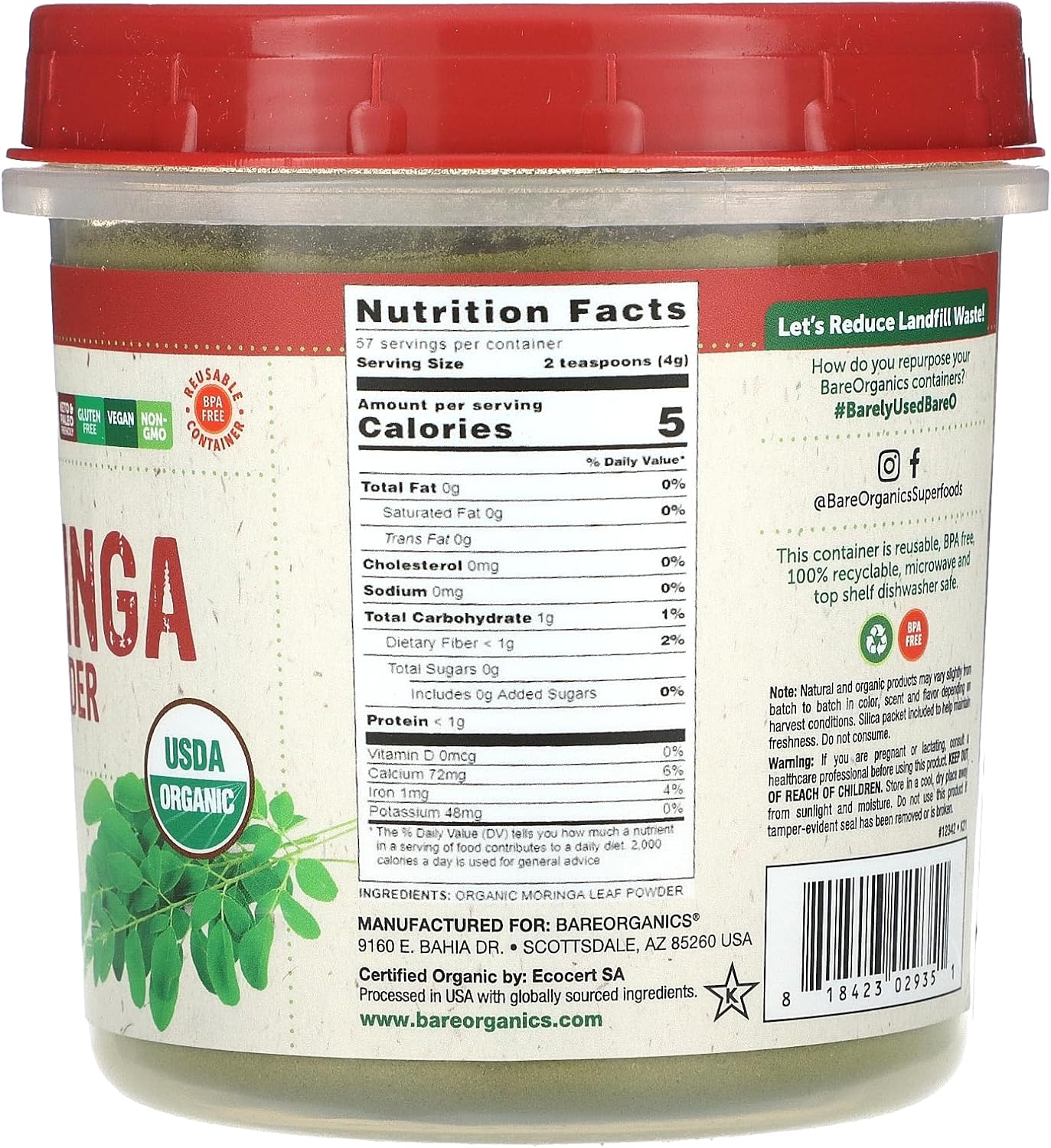 Organic Vegan Moringa Leaf Superfood Powder by BareOrganics - 8 Ounces